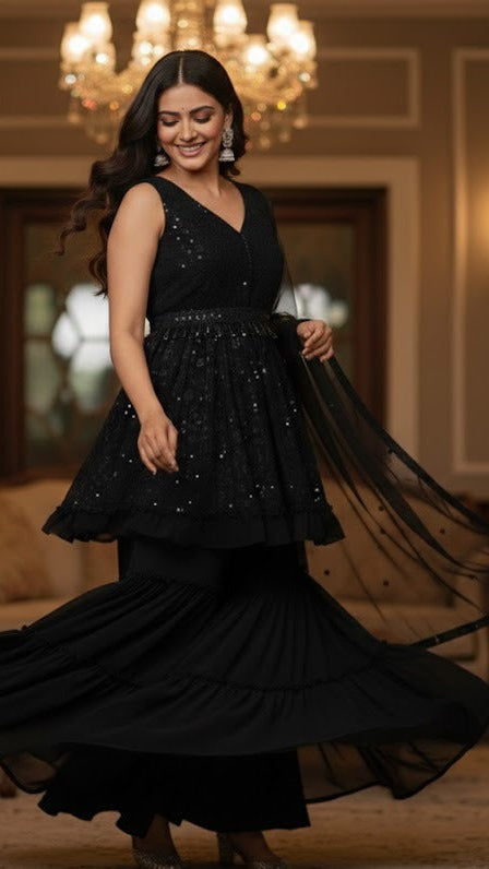 Black Floral Sequins Sharara