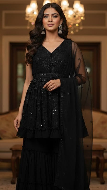 Black Floral Sequins Sharara