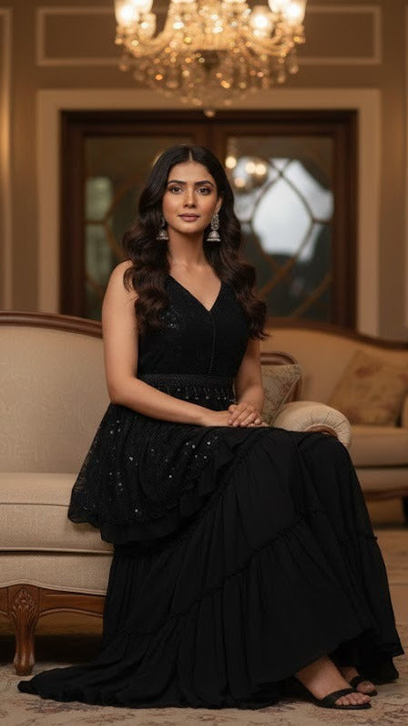 Black Floral Sequins Sharara