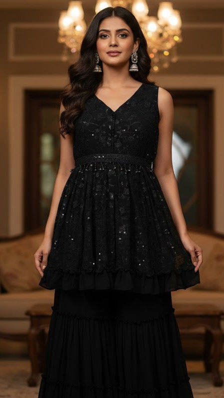 Black Floral Sequins Sharara