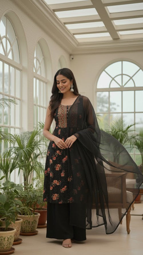 Black Floral Sharara Suit