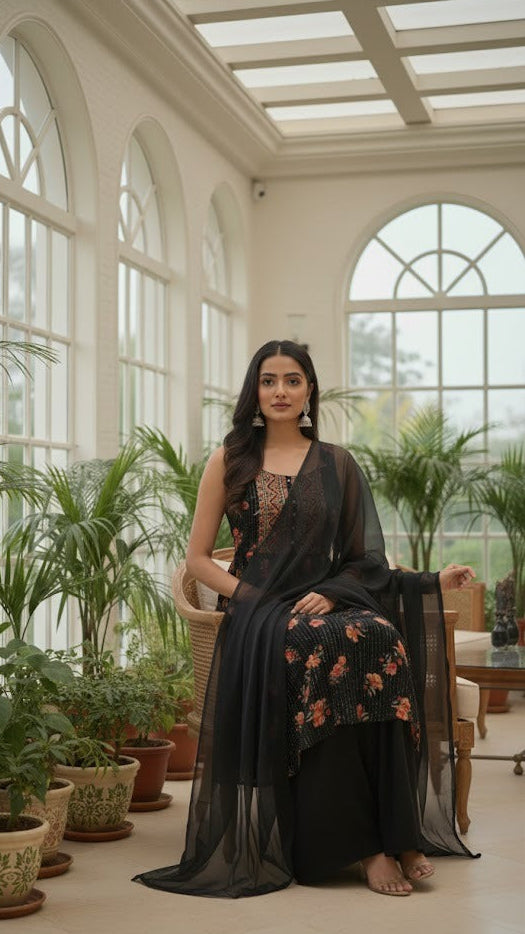Black Floral Sharara Suit
