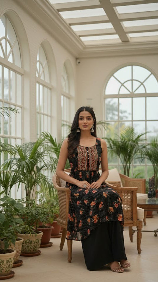 Black Floral Sharara Suit
