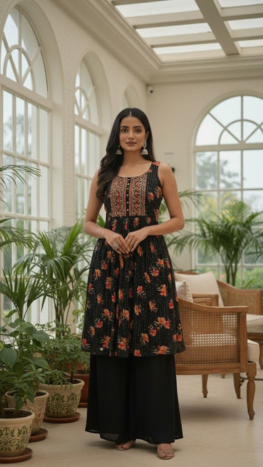 Black Floral Sharara Suit