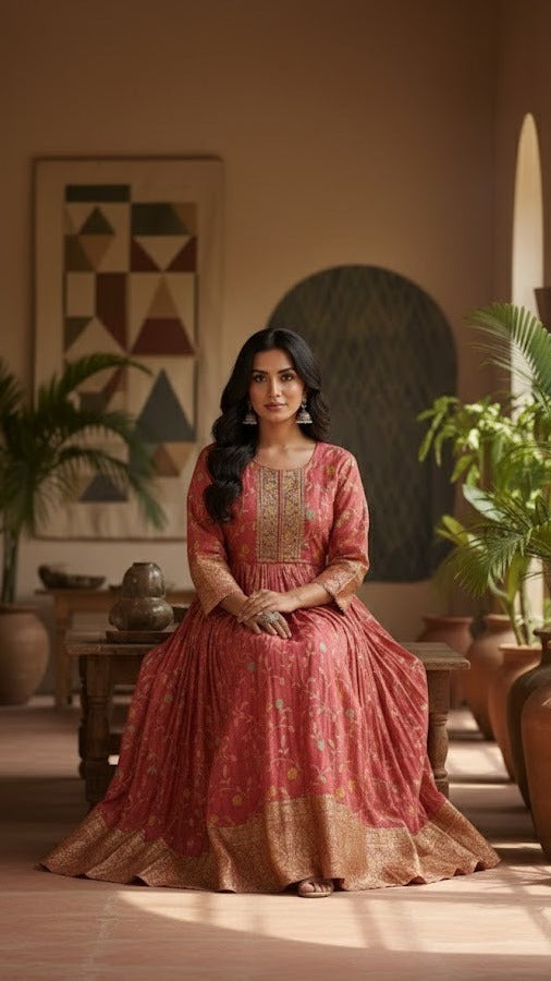 Pink Floral Anarkali-Sharara Suit