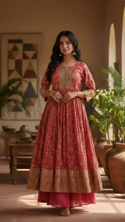 Pink Floral Anarkali-Sharara Suit
