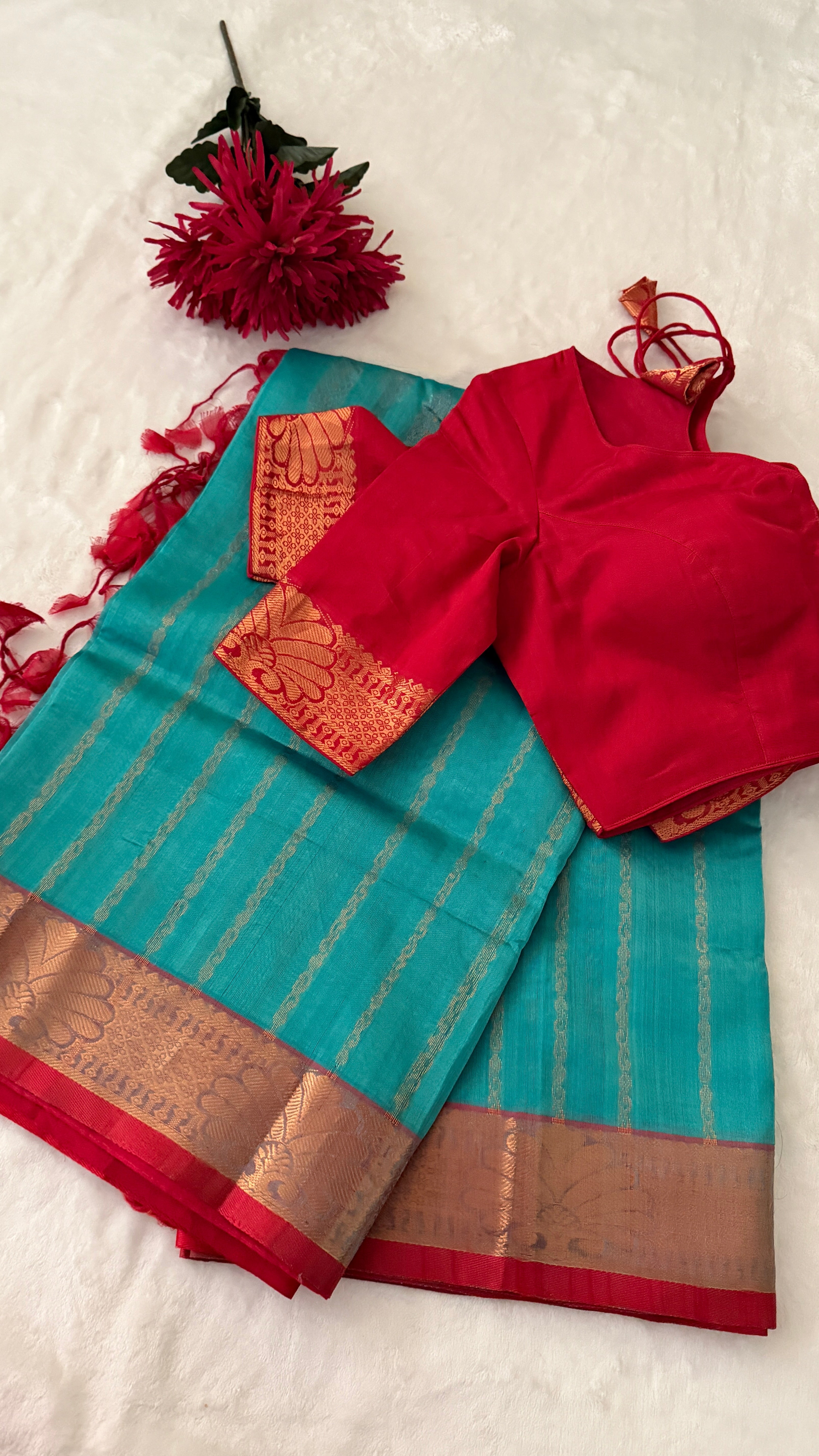 Blue & Red Mangalagiri Silk Saree