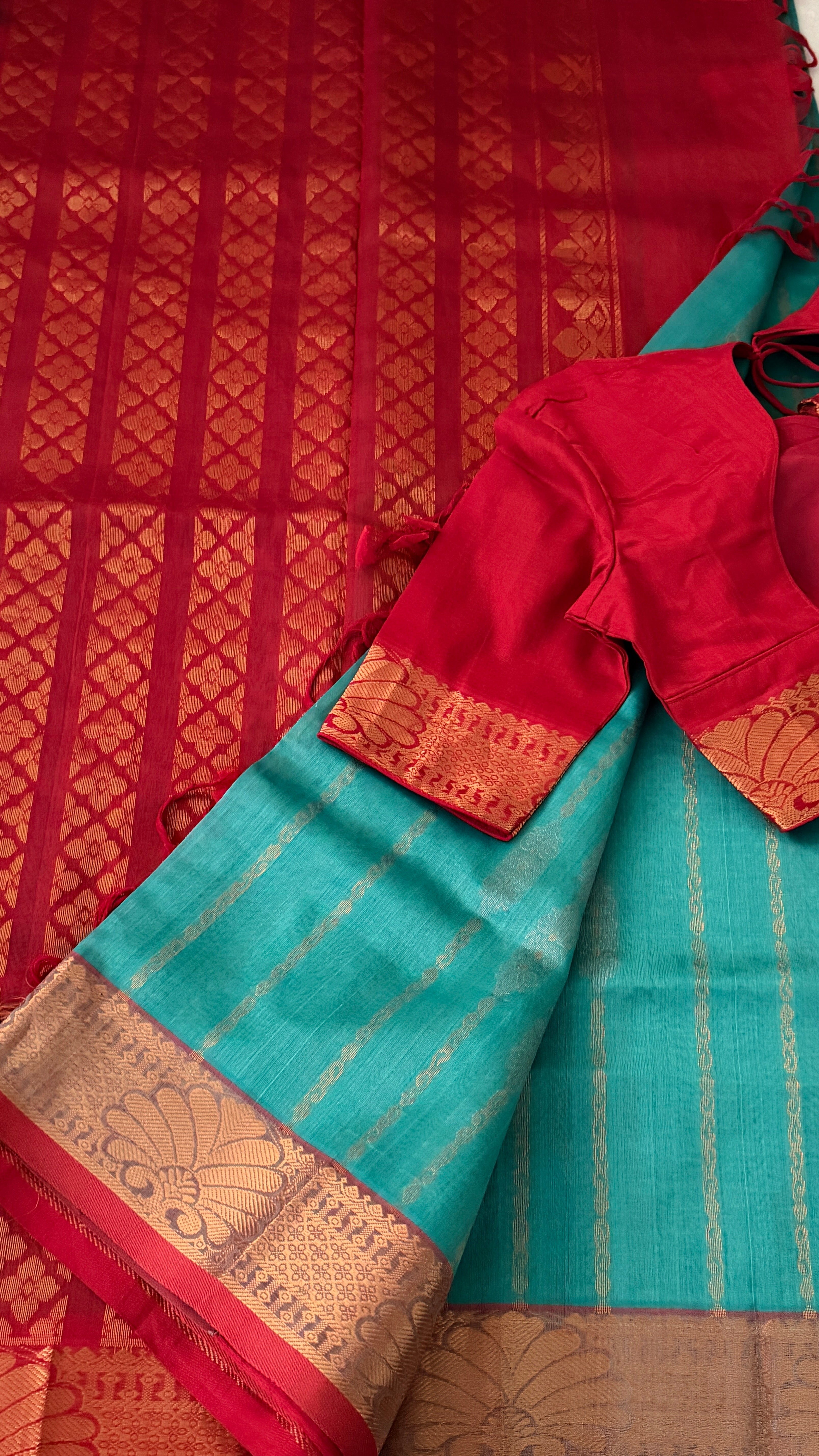 Blue & Red Mangalagiri Silk Saree