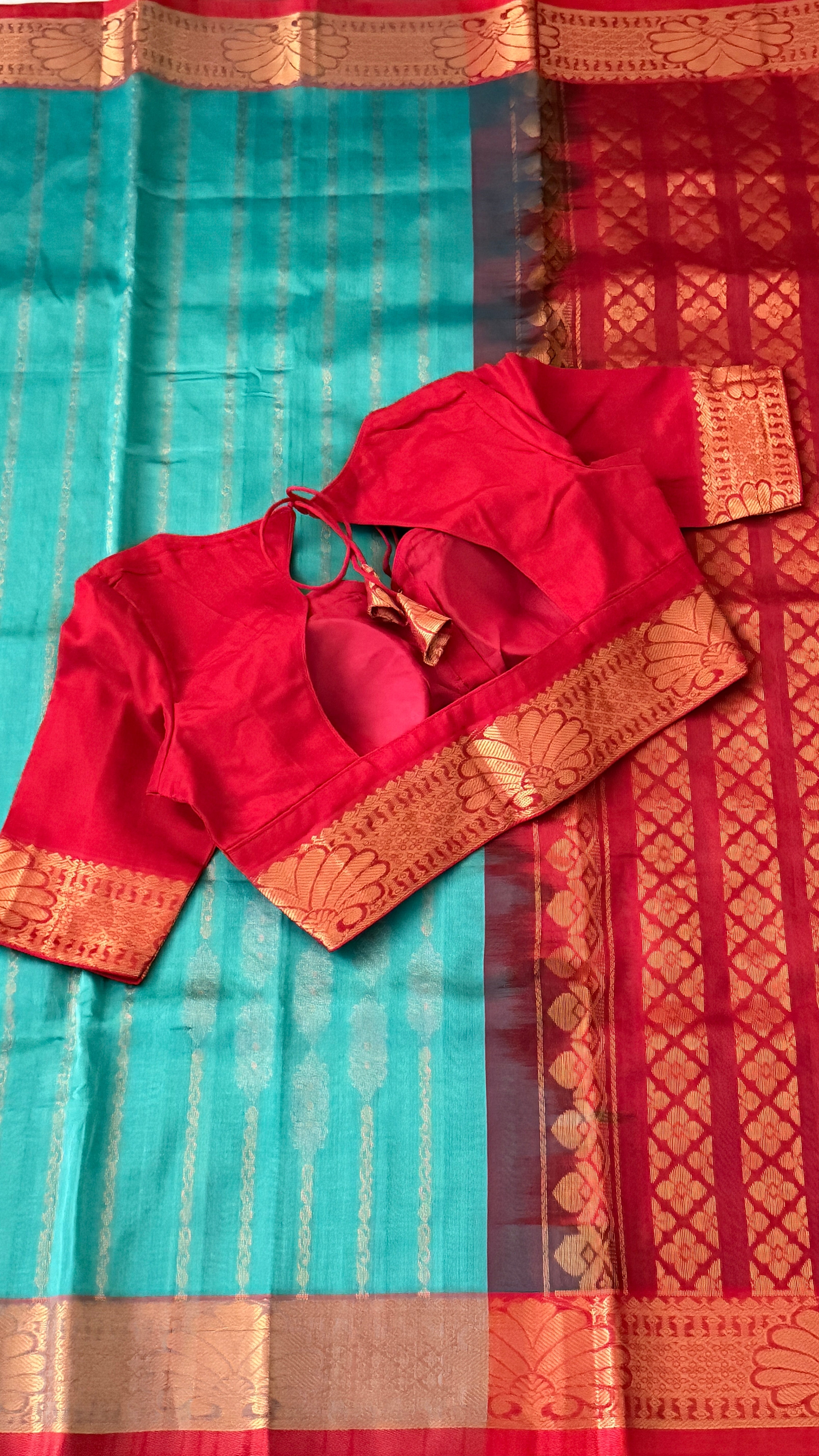 Blue & Red Mangalagiri Silk Saree