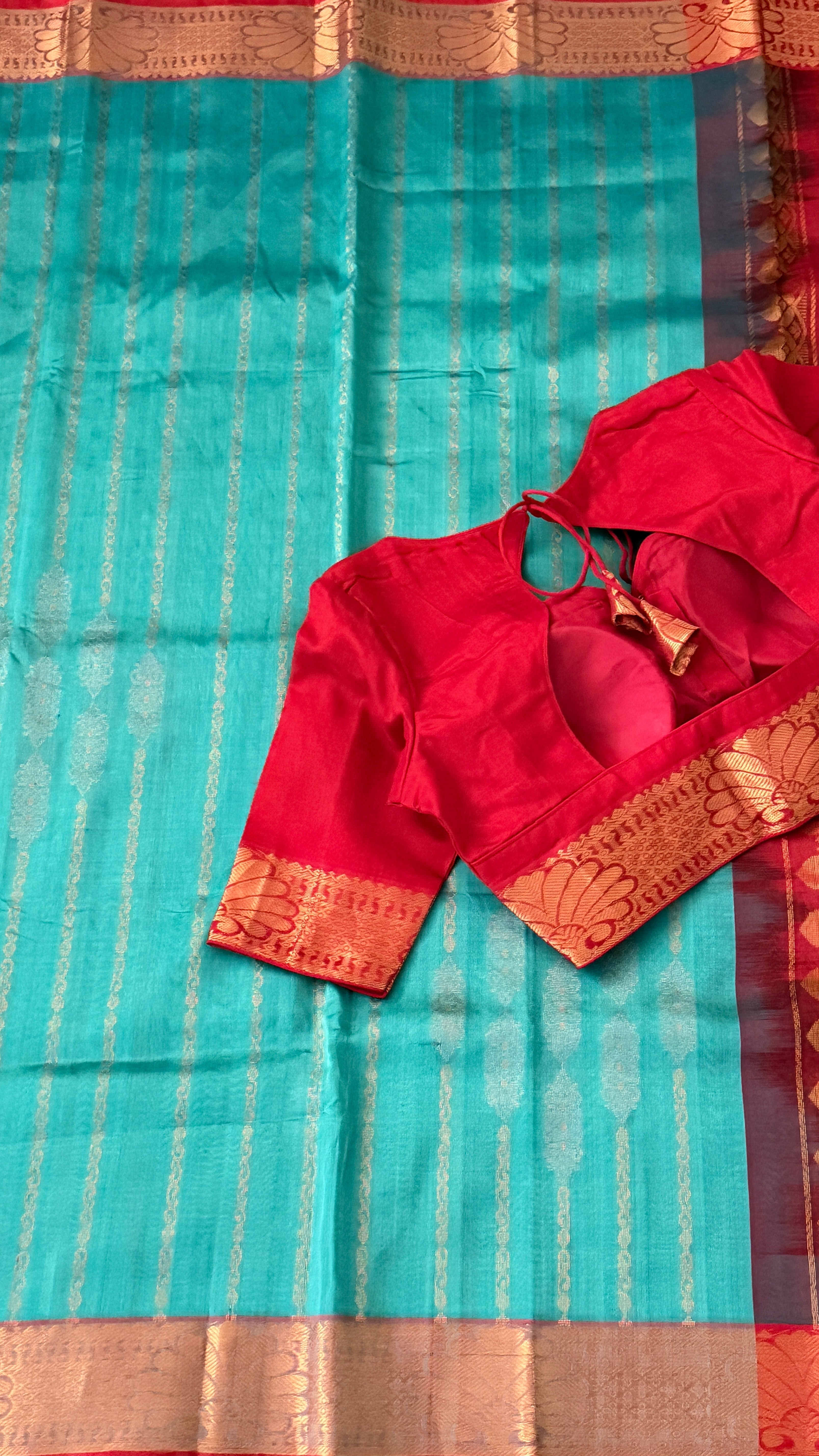 Blue & Red Mangalagiri Silk Saree