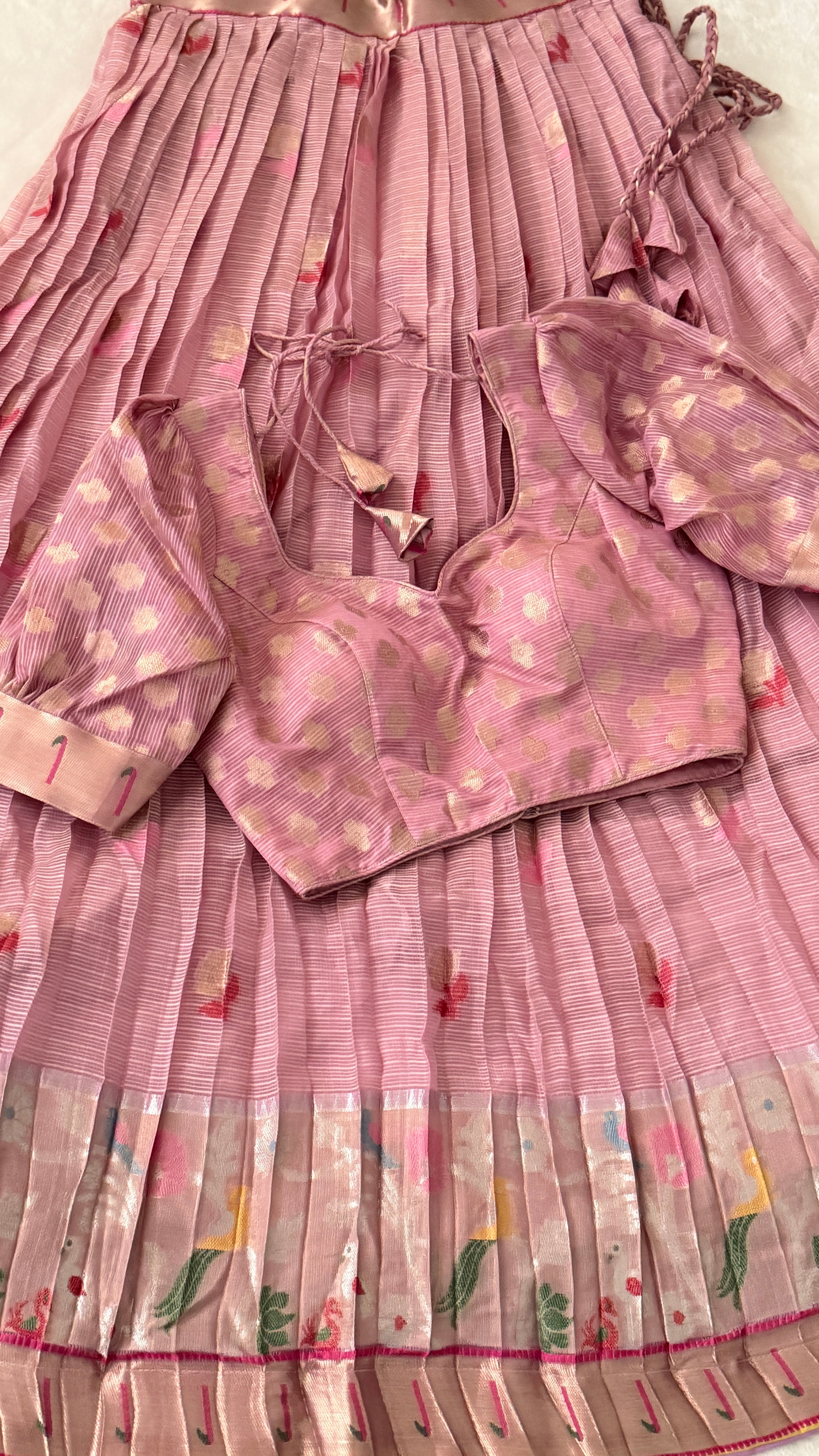 Pink & Lemon Yellow Kuppadam Silk Langa Voni