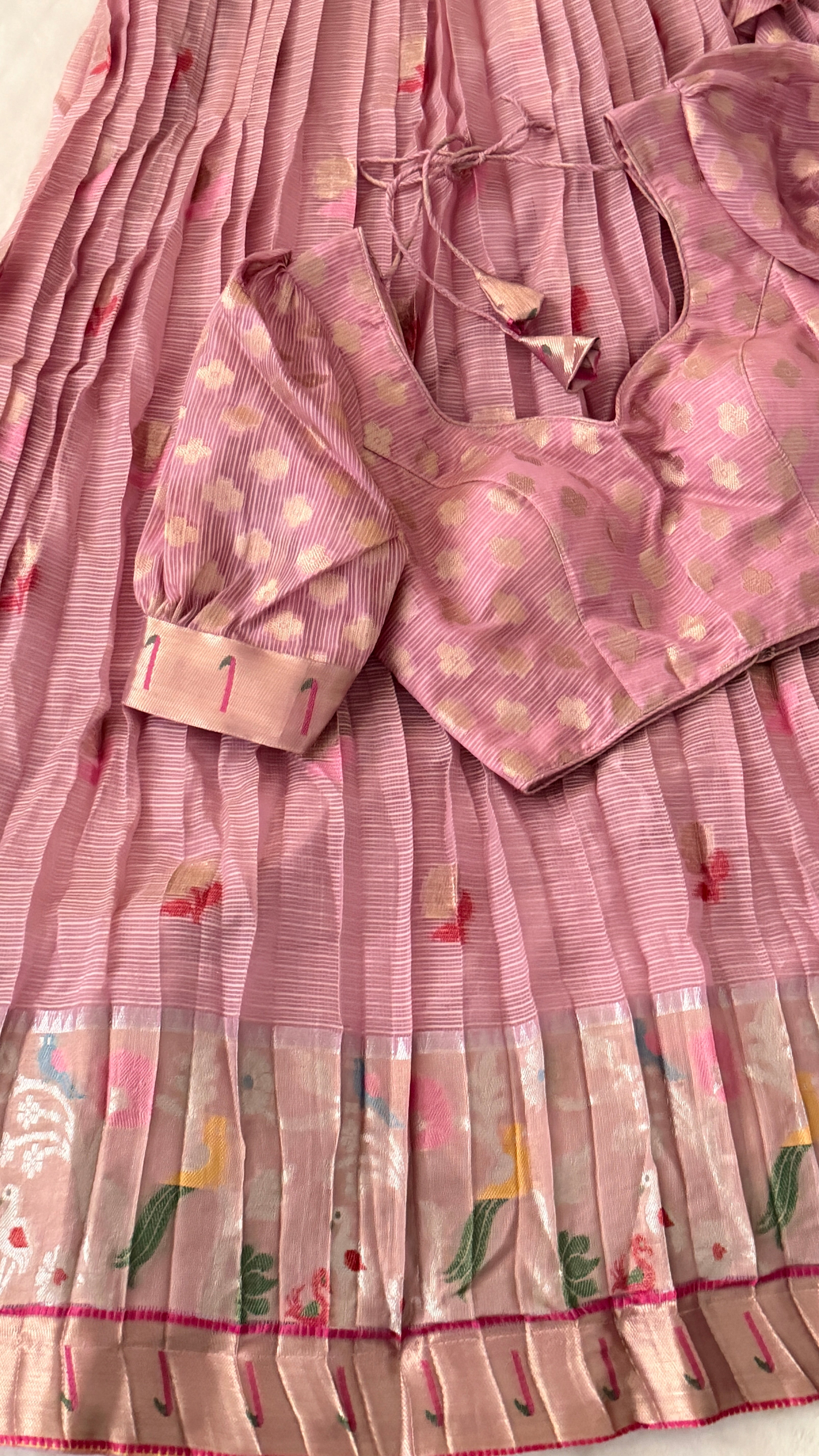 Pink & Lemon Yellow Kuppadam Silk Langa Voni