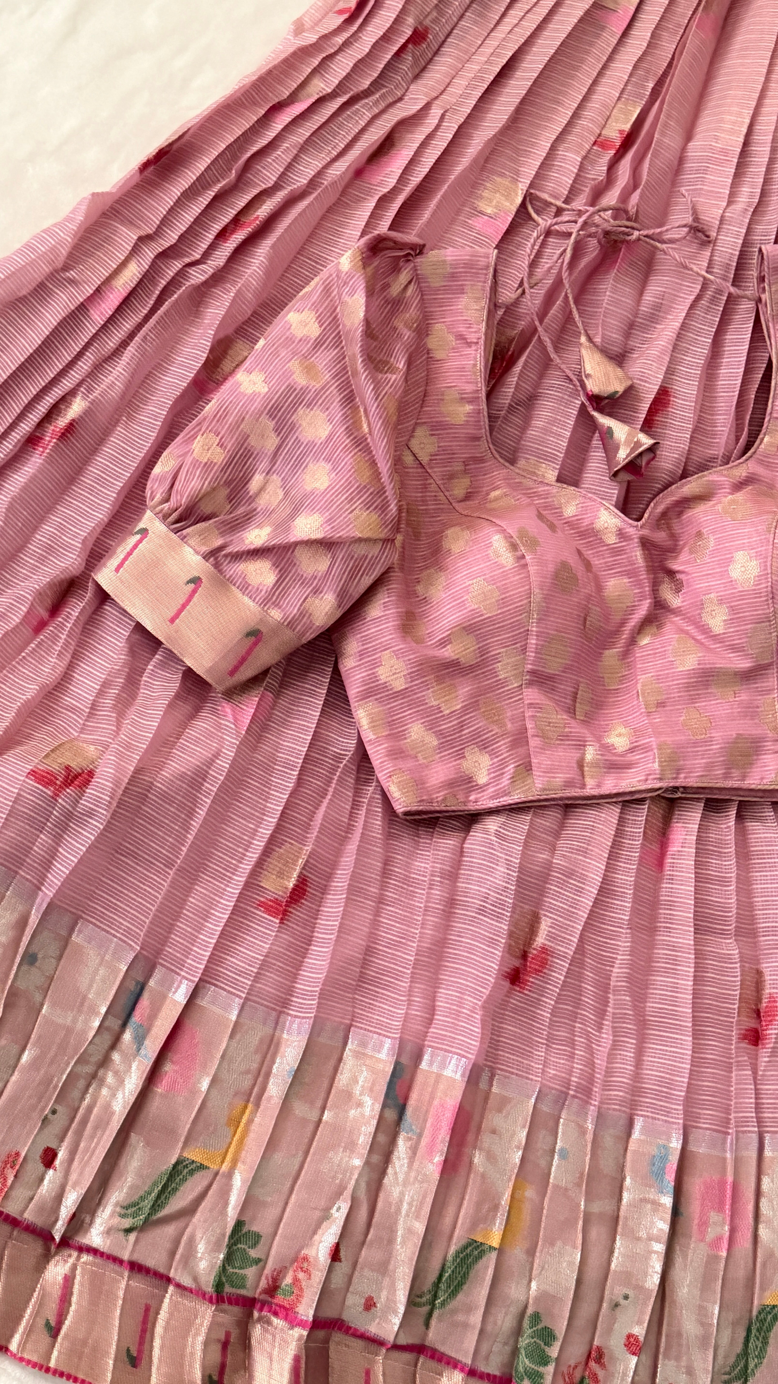 Pink & Lemon Yellow Kuppadam Silk Langa Voni