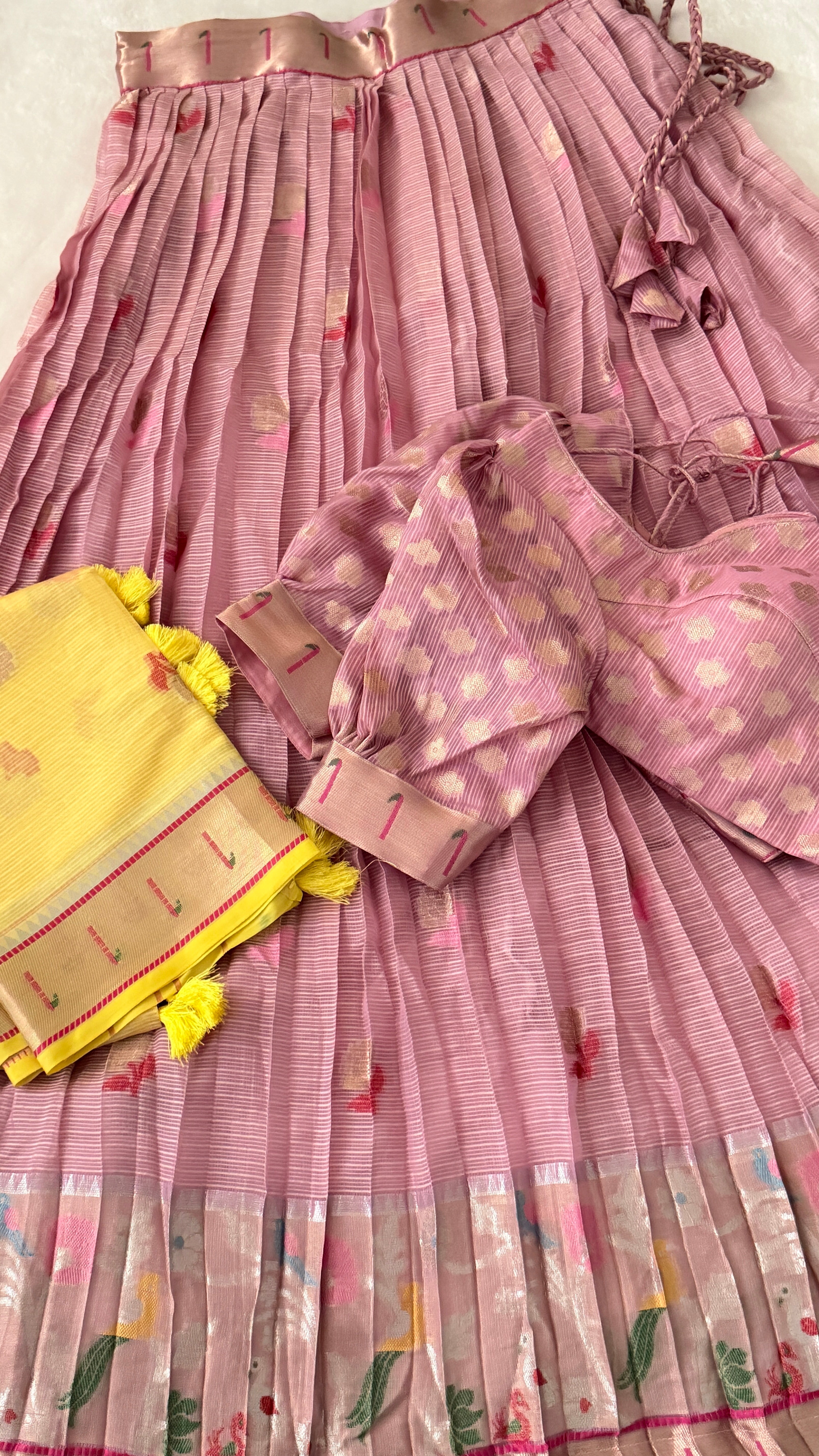 Pink & Lemon Yellow Kuppadam Silk Langa Voni