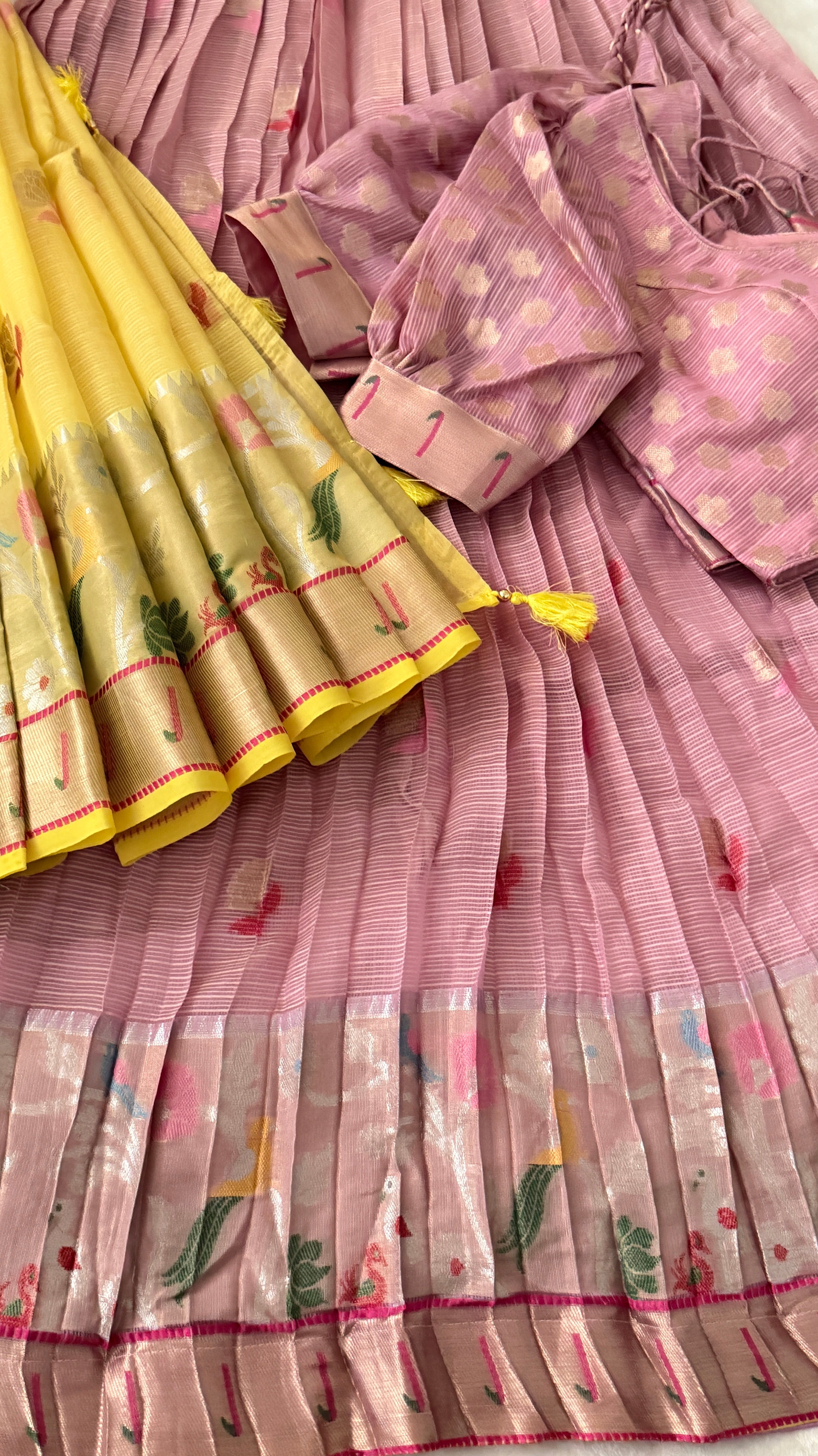 Pink & Lemon Yellow Kuppadam Silk Langa Voni