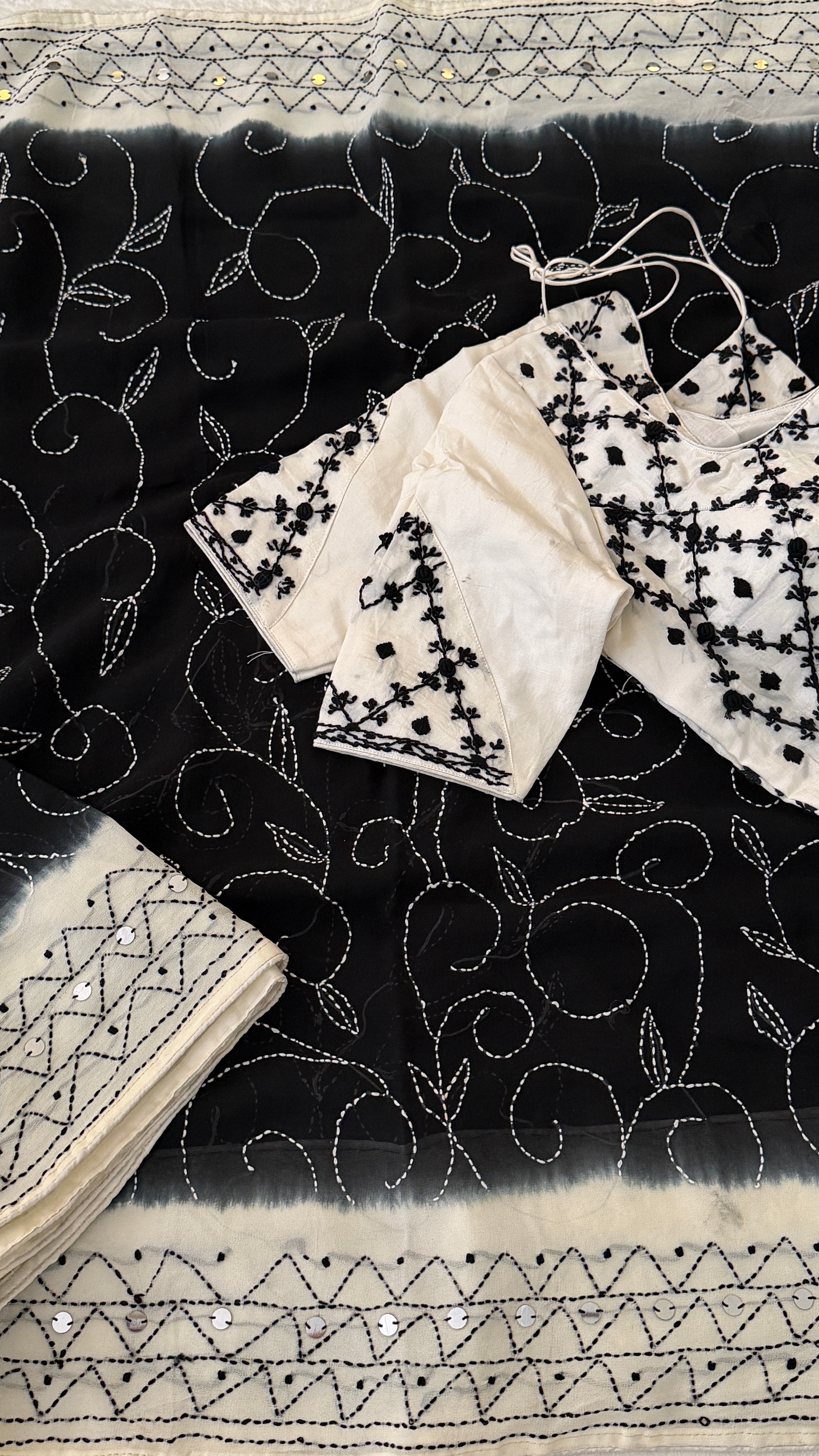 Black & White Katha Georgette Saree