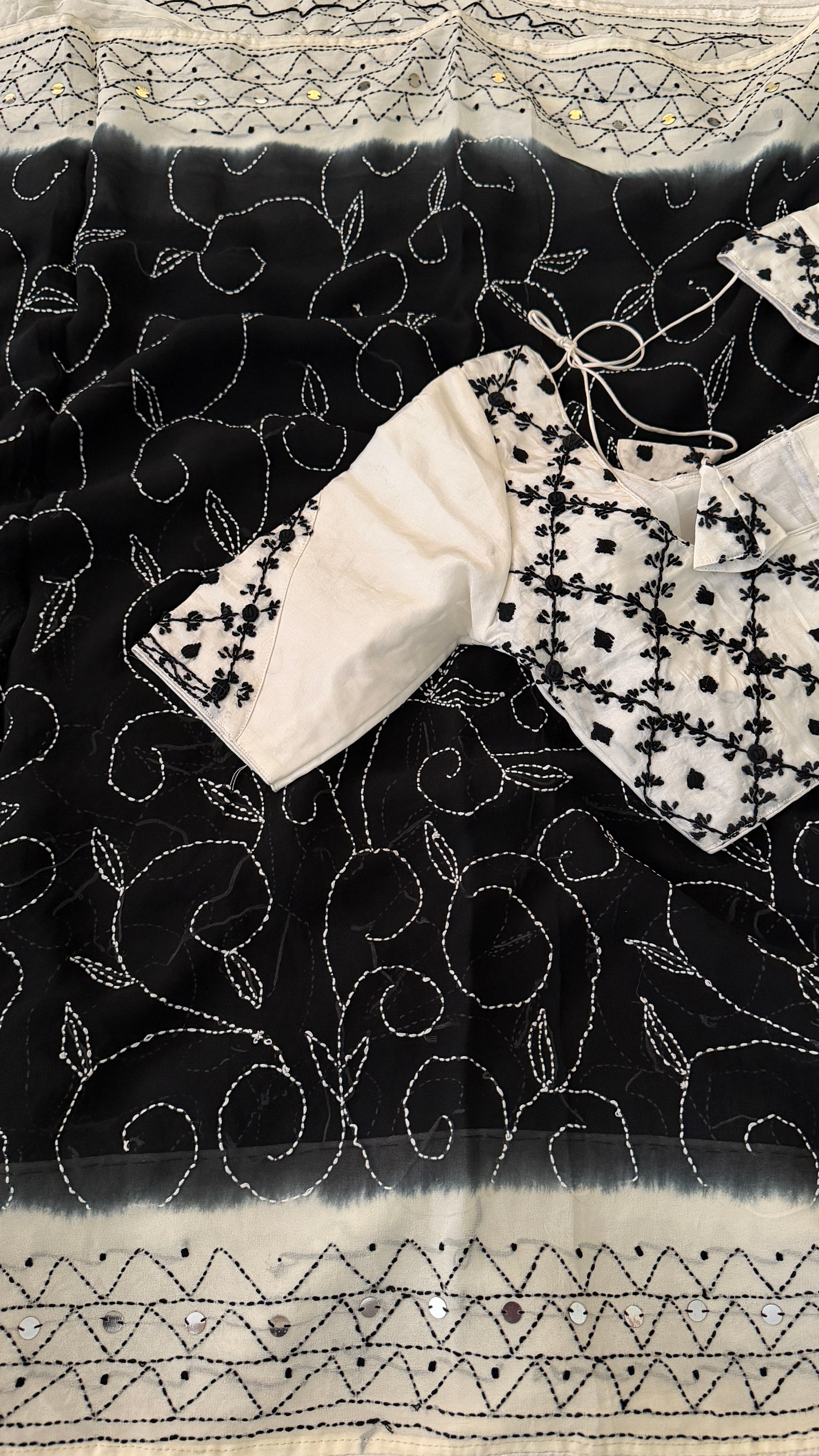 Black & White Katha Georgette Saree