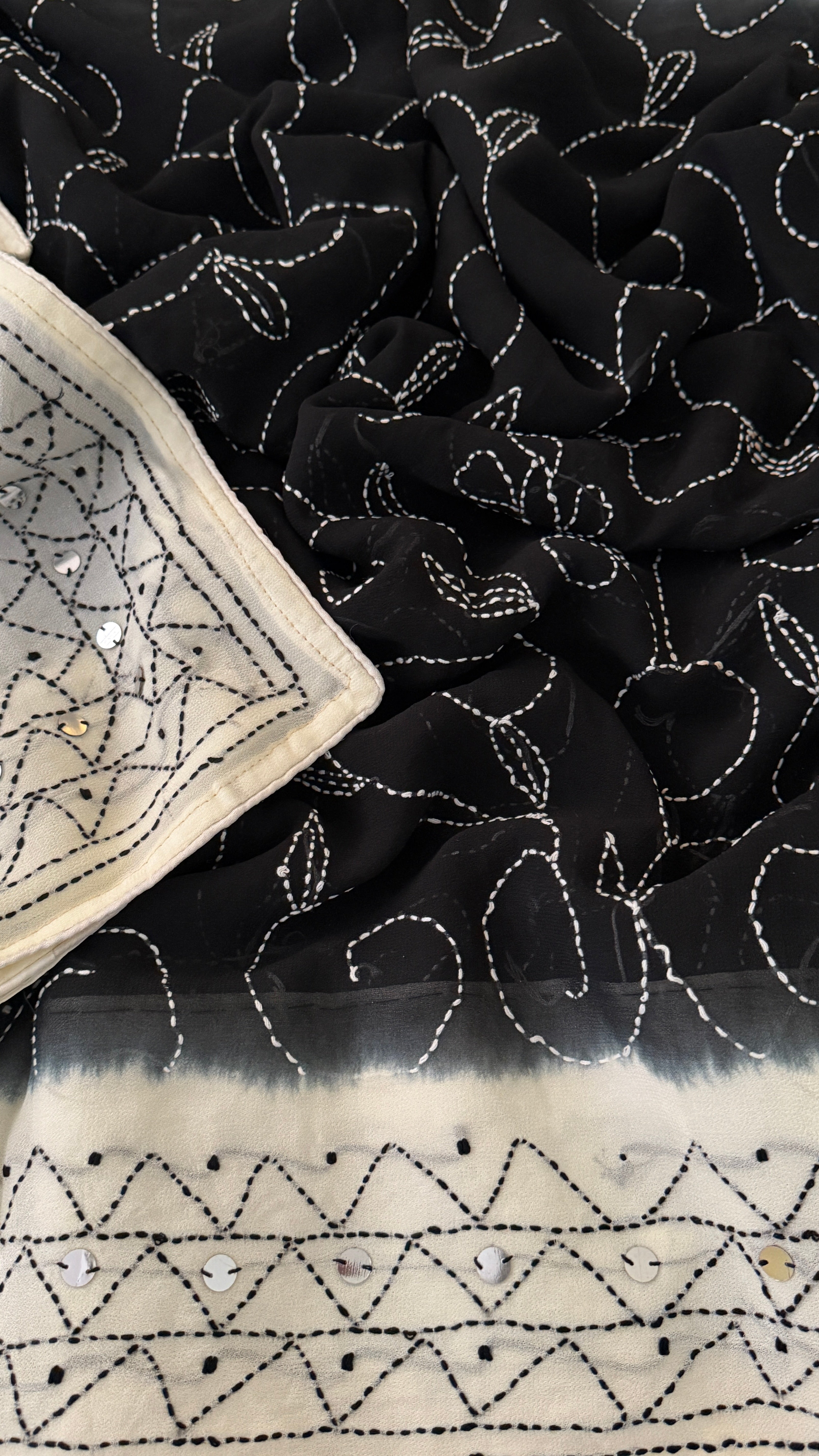 Black & White Katha Georgette Saree