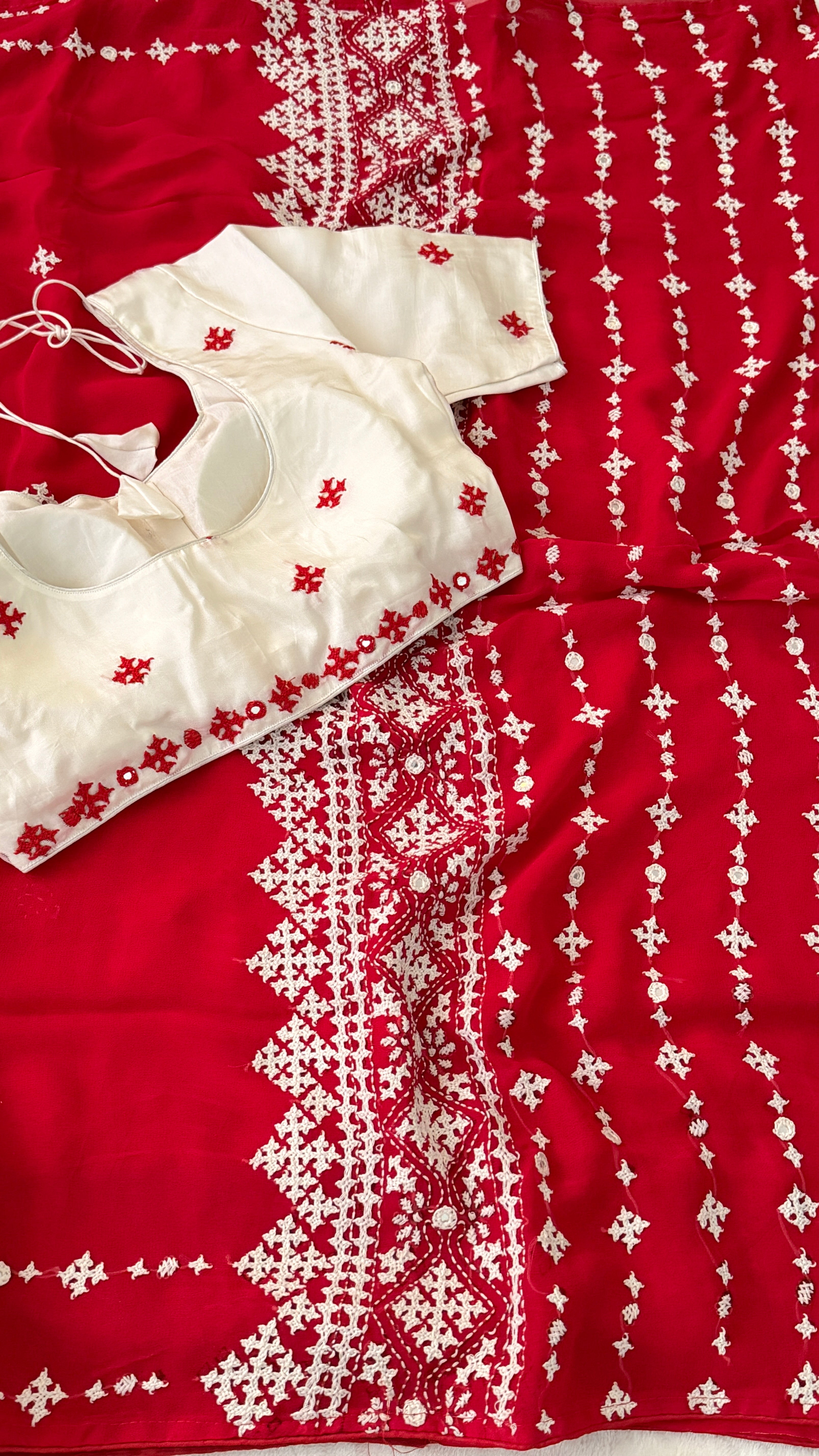 Red & White Katha Georgette Saree II