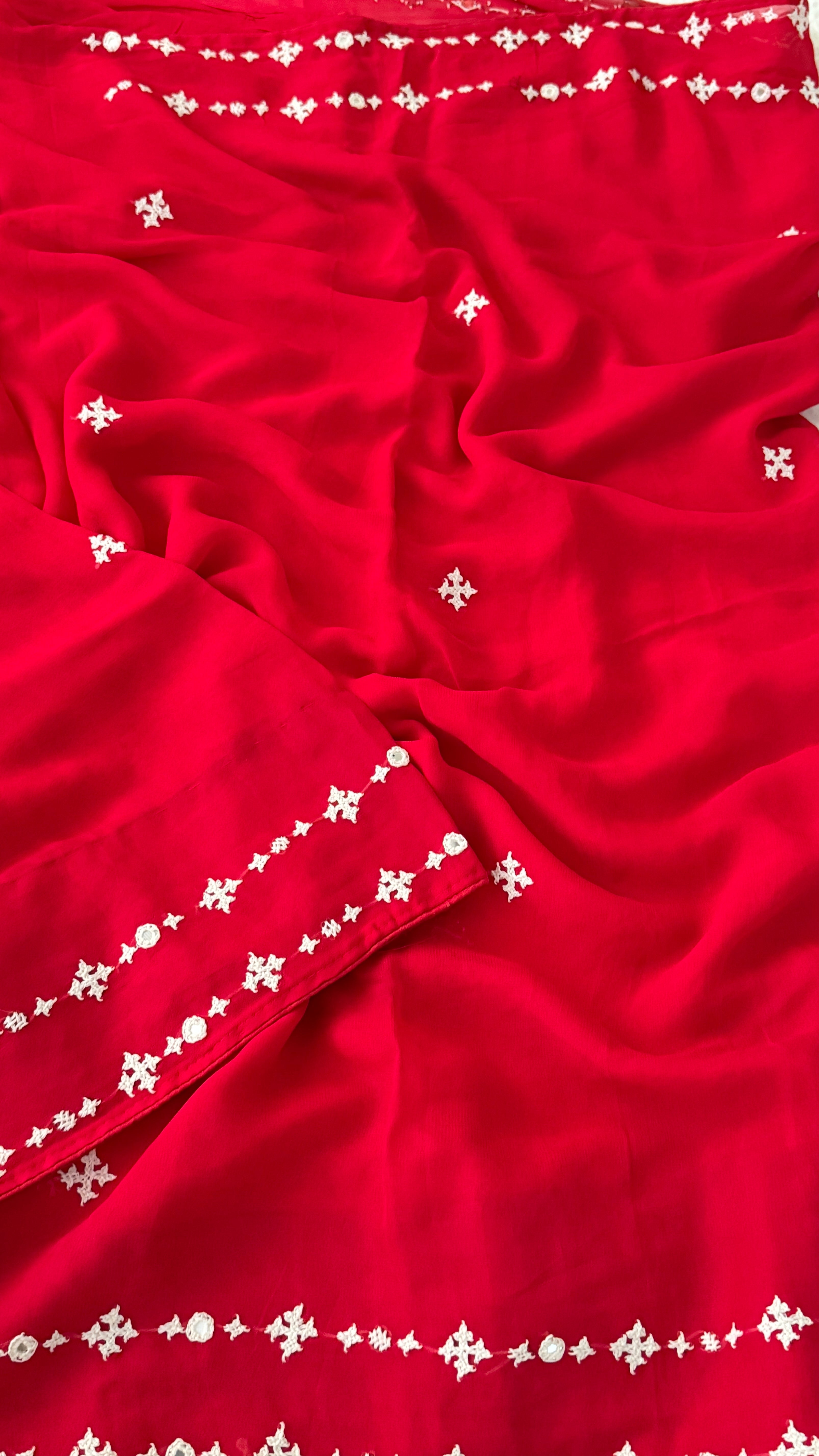 Red & White Katha Georgette Saree II