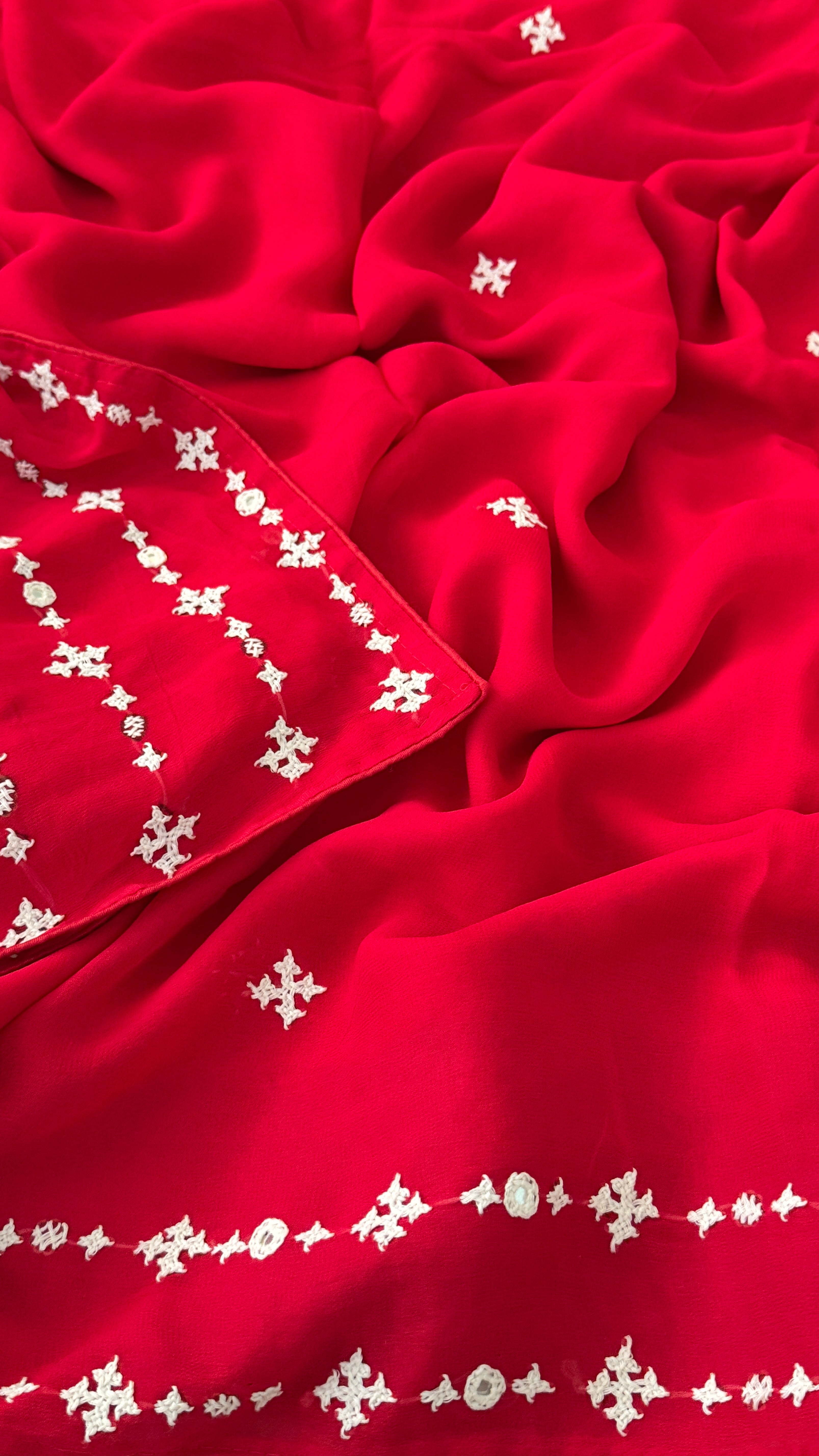 Red & White Katha Georgette Saree II