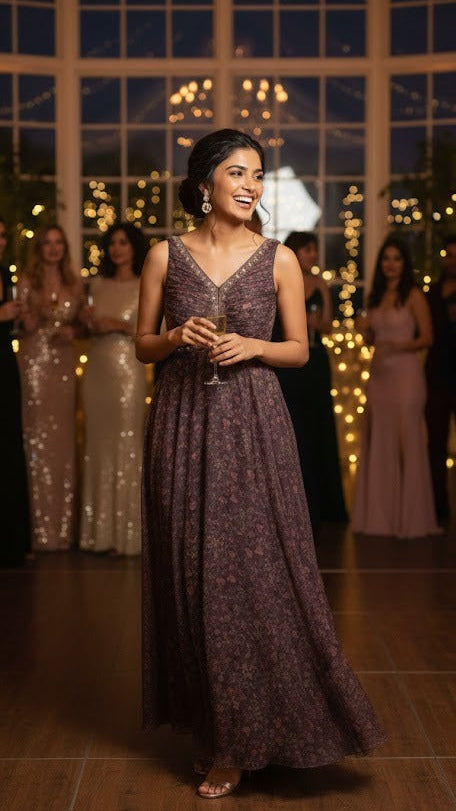 Wine Floral Organza Gown
