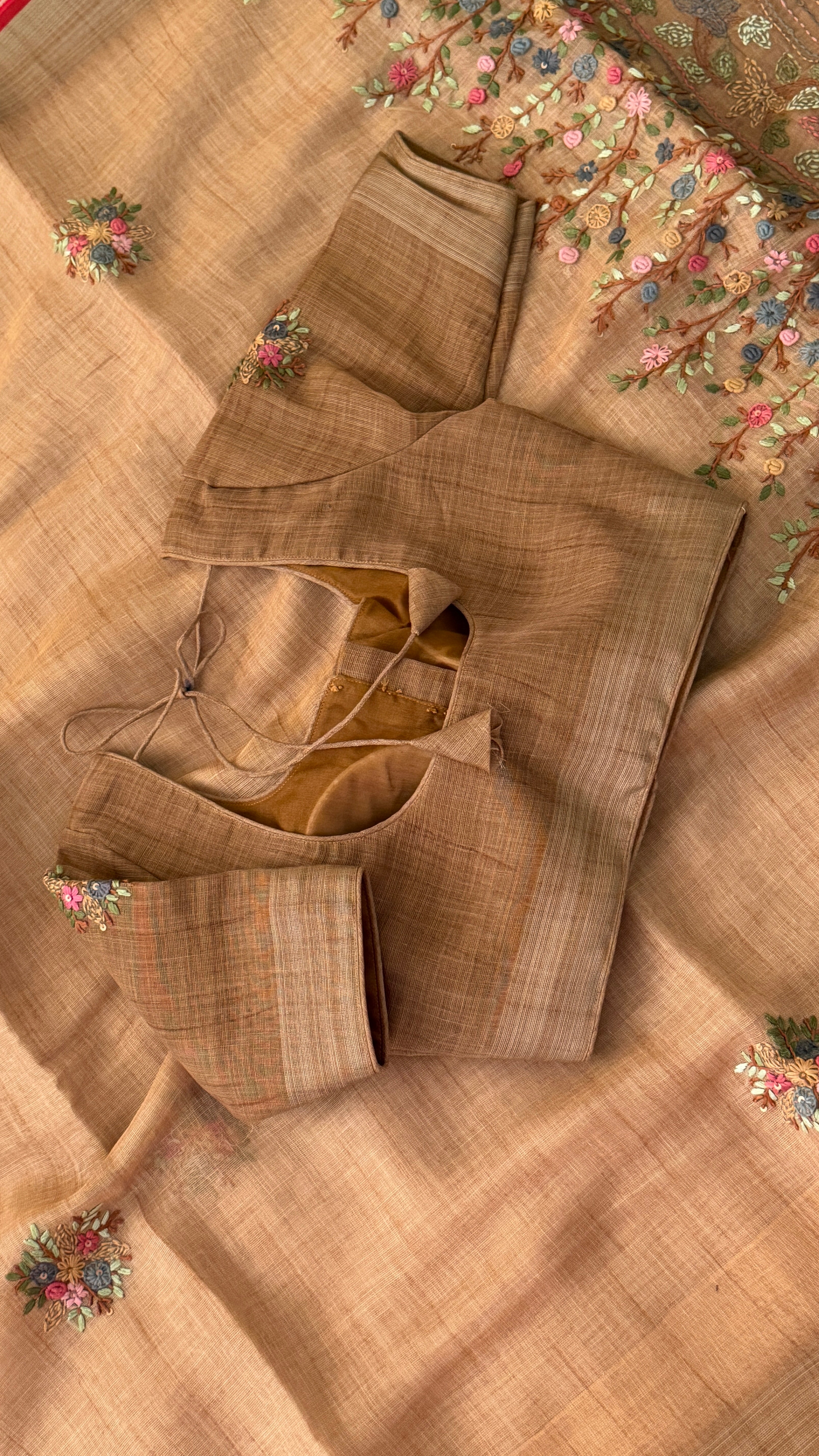 Beige Floral Embroidery Linen Saree