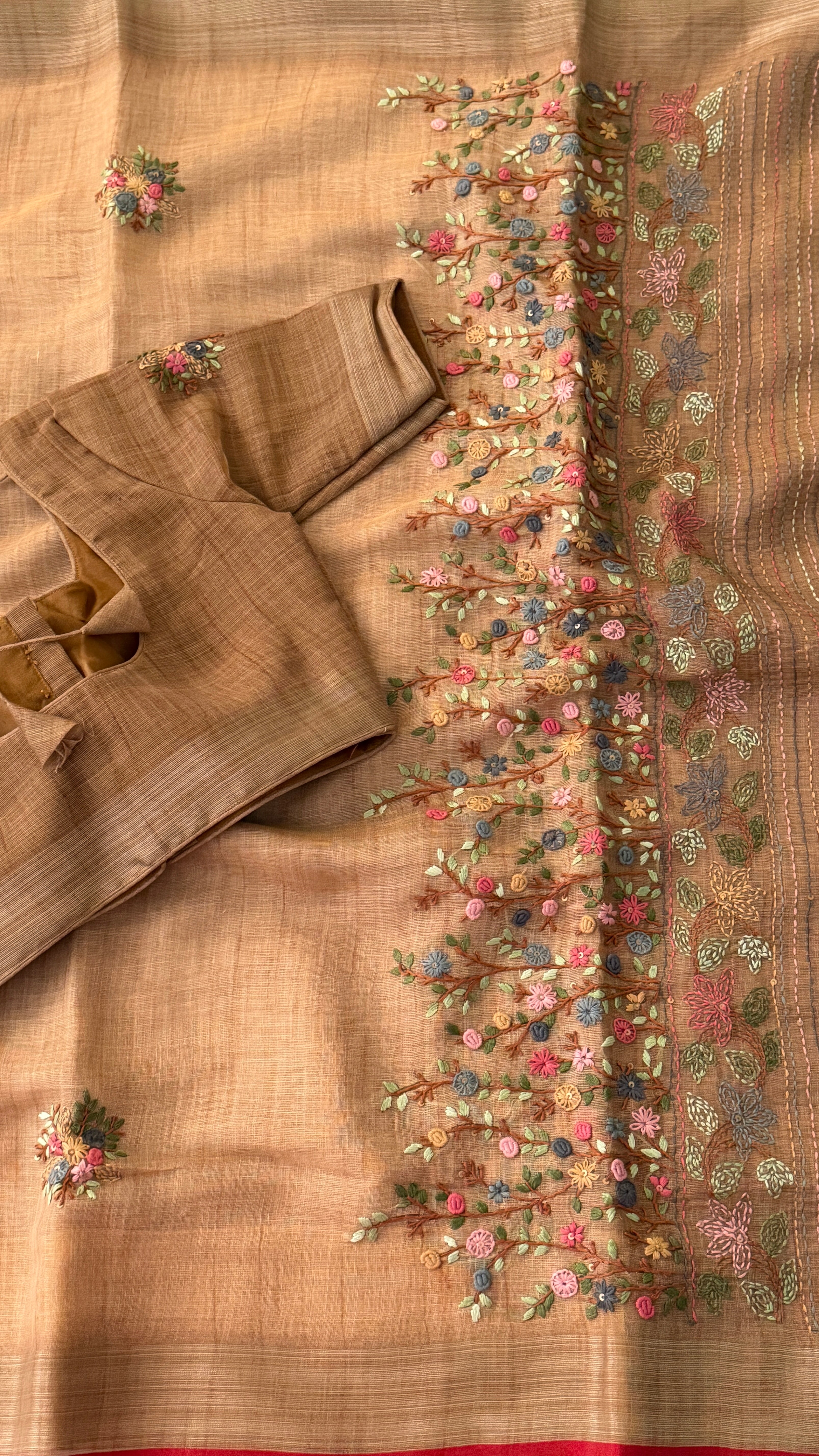 Beige Floral Embroidery Linen Saree
