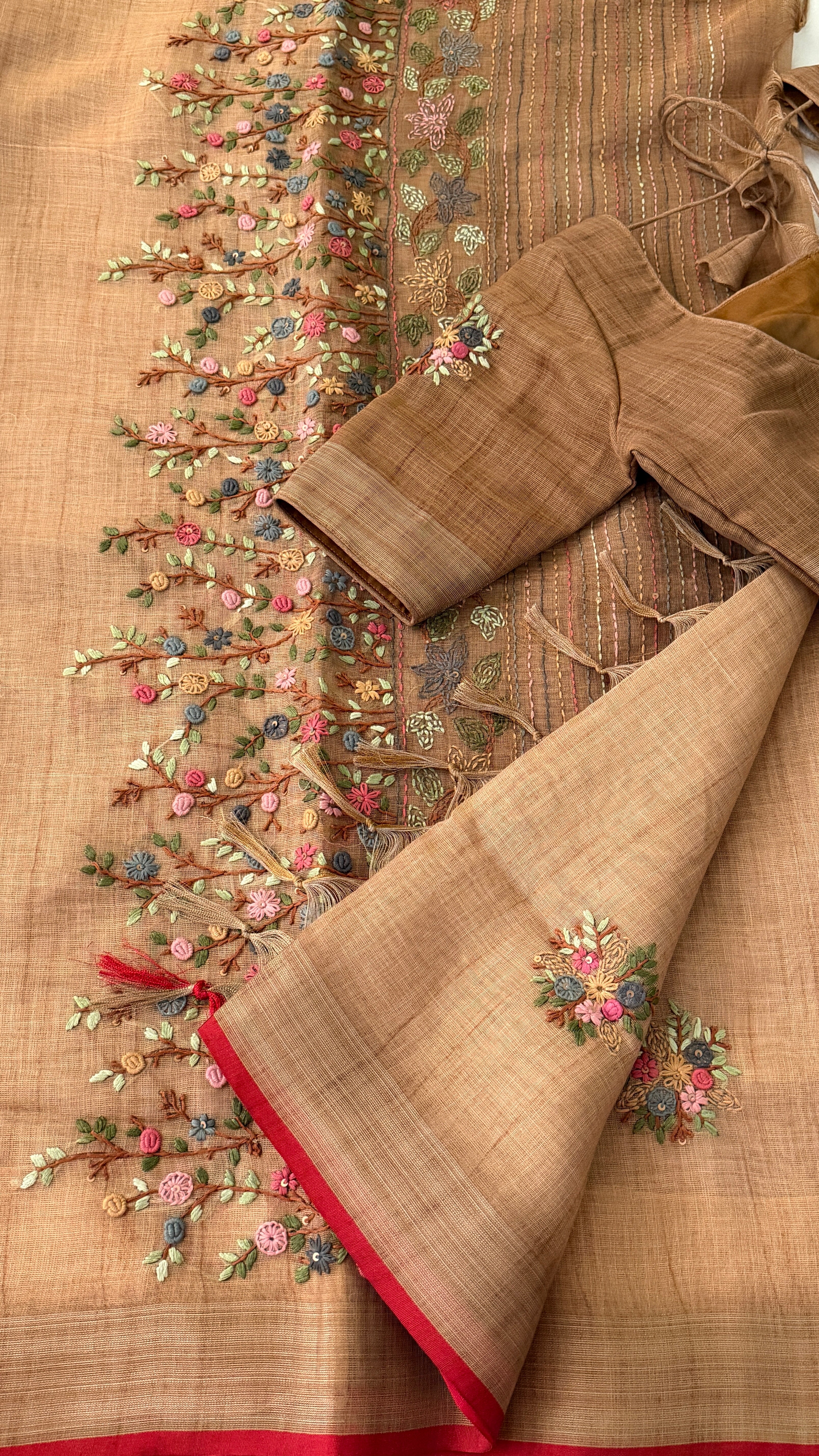 Beige Floral Embroidery Linen Saree