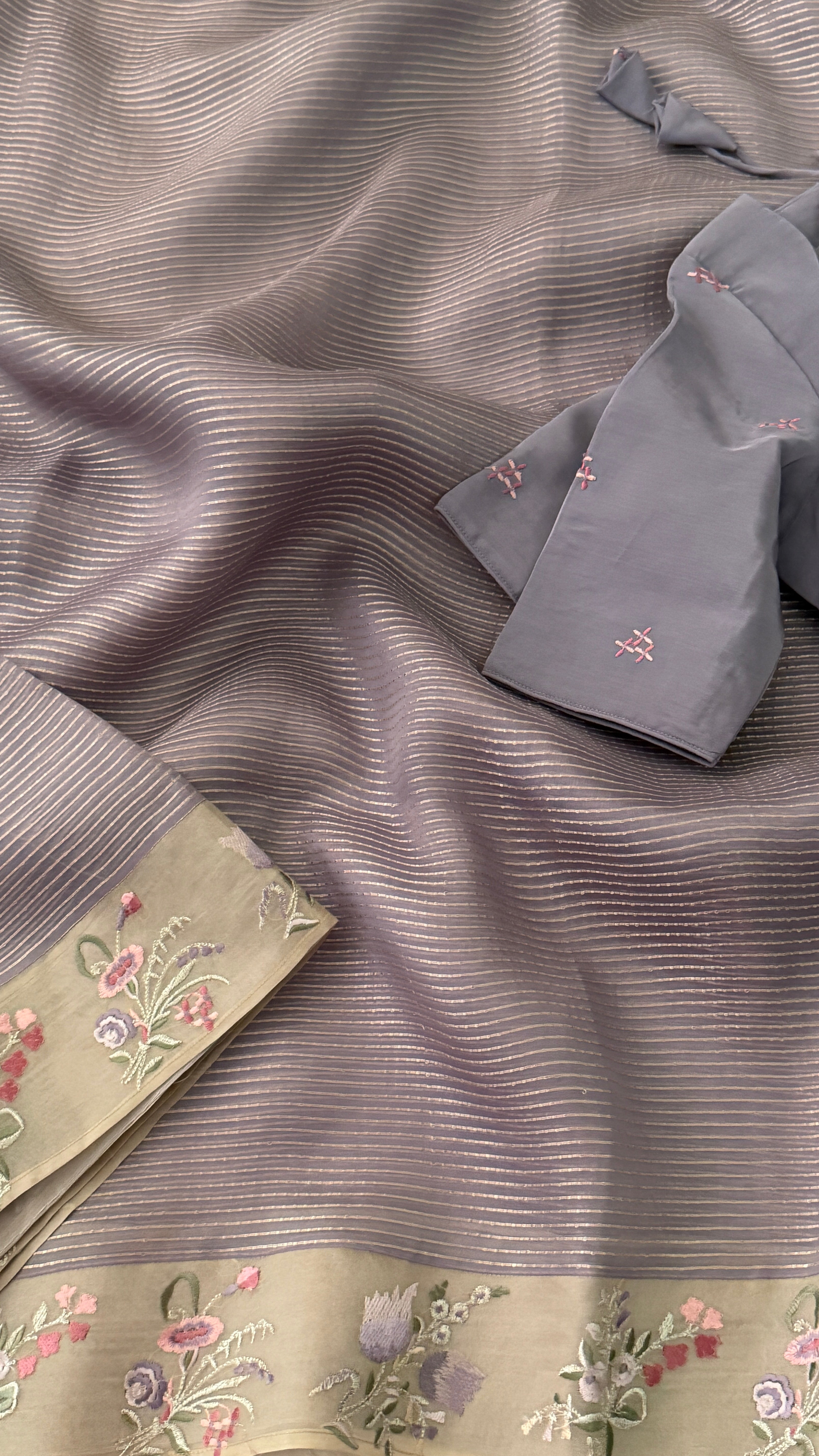 Lavender Stripe Kora Organza Saree