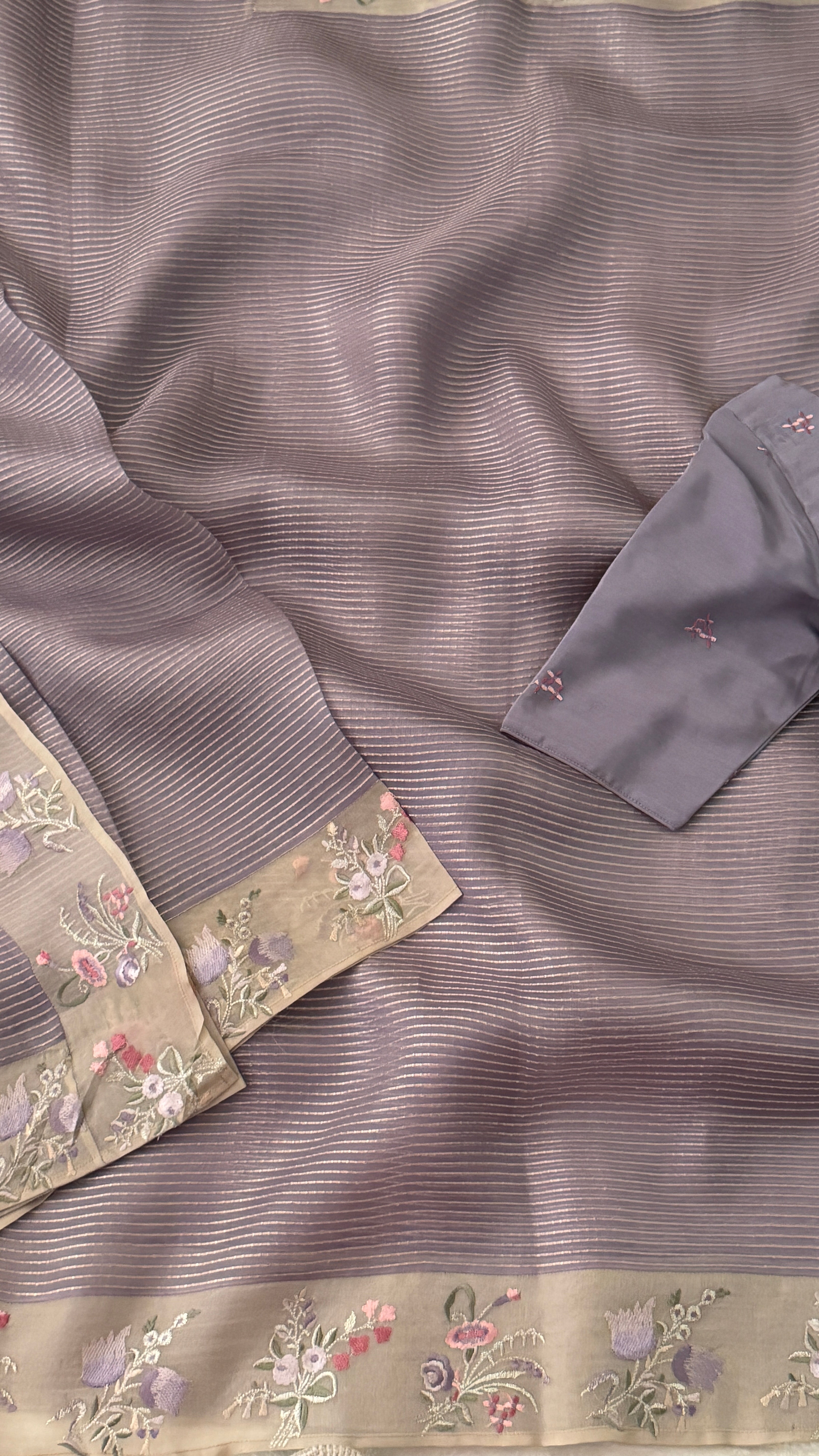 Lavender Stripe Kora Organza Saree