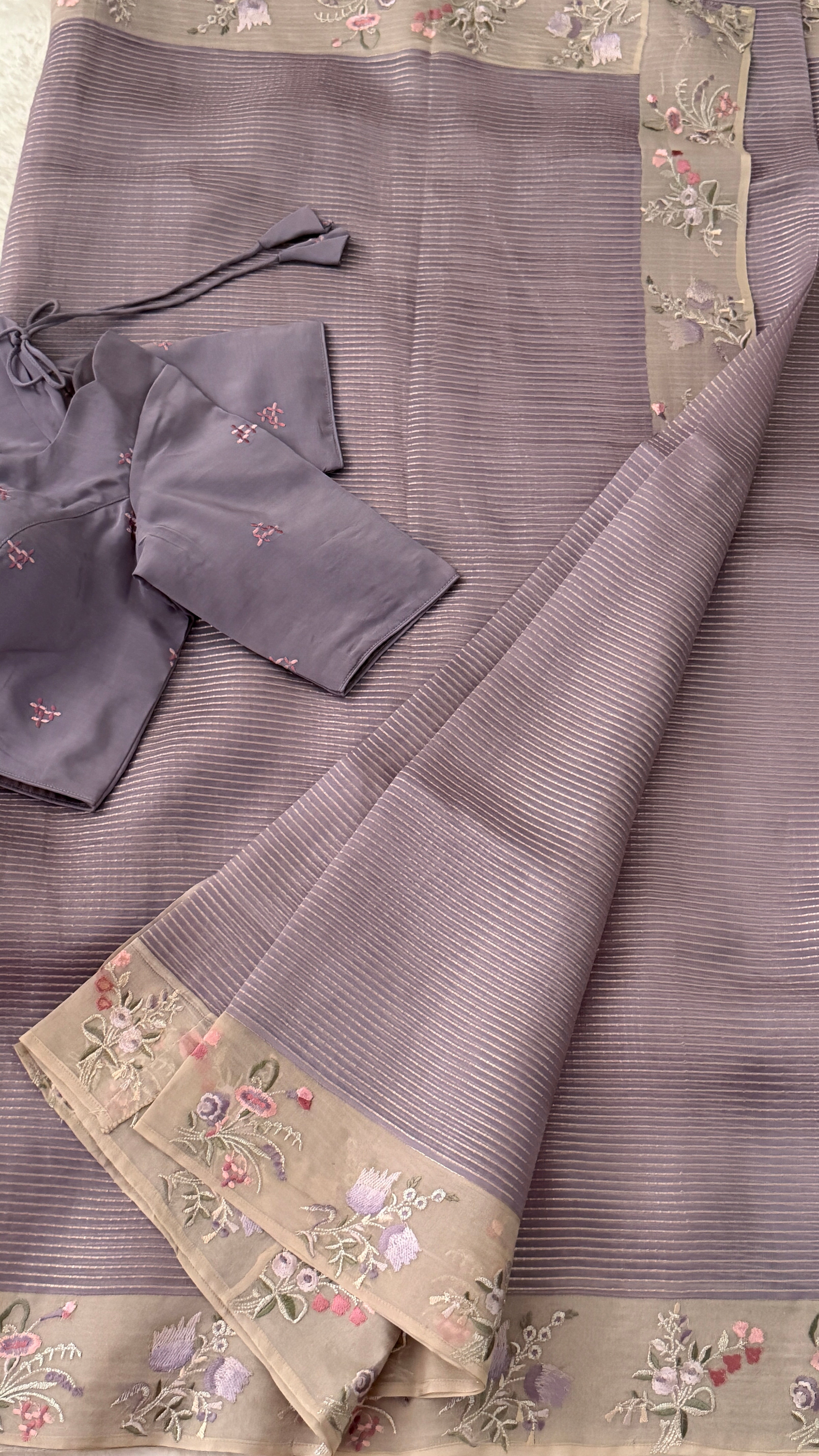 Lavender Stripe Kora Organza Saree