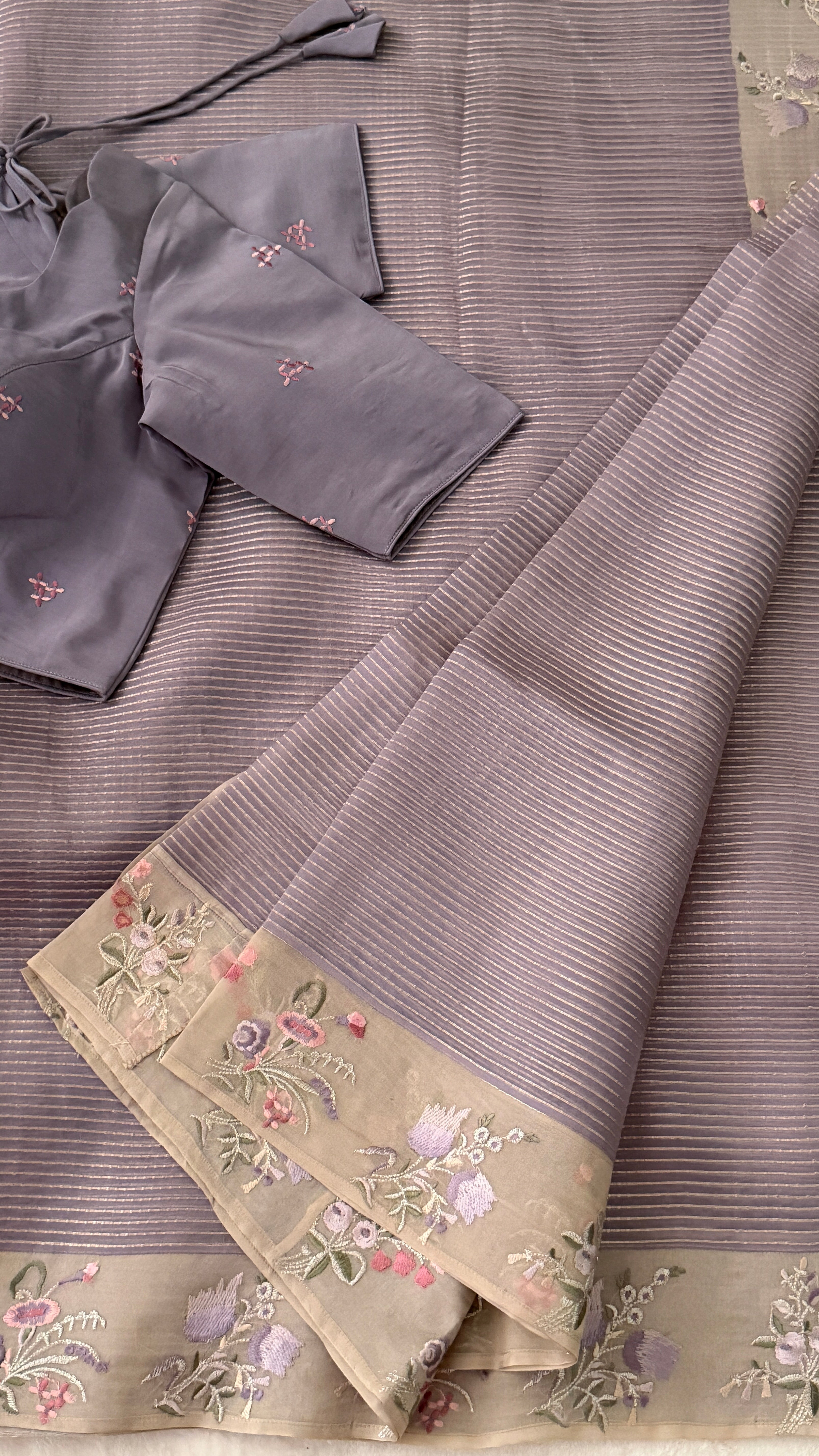 Lavender Stripe Kora Organza Saree