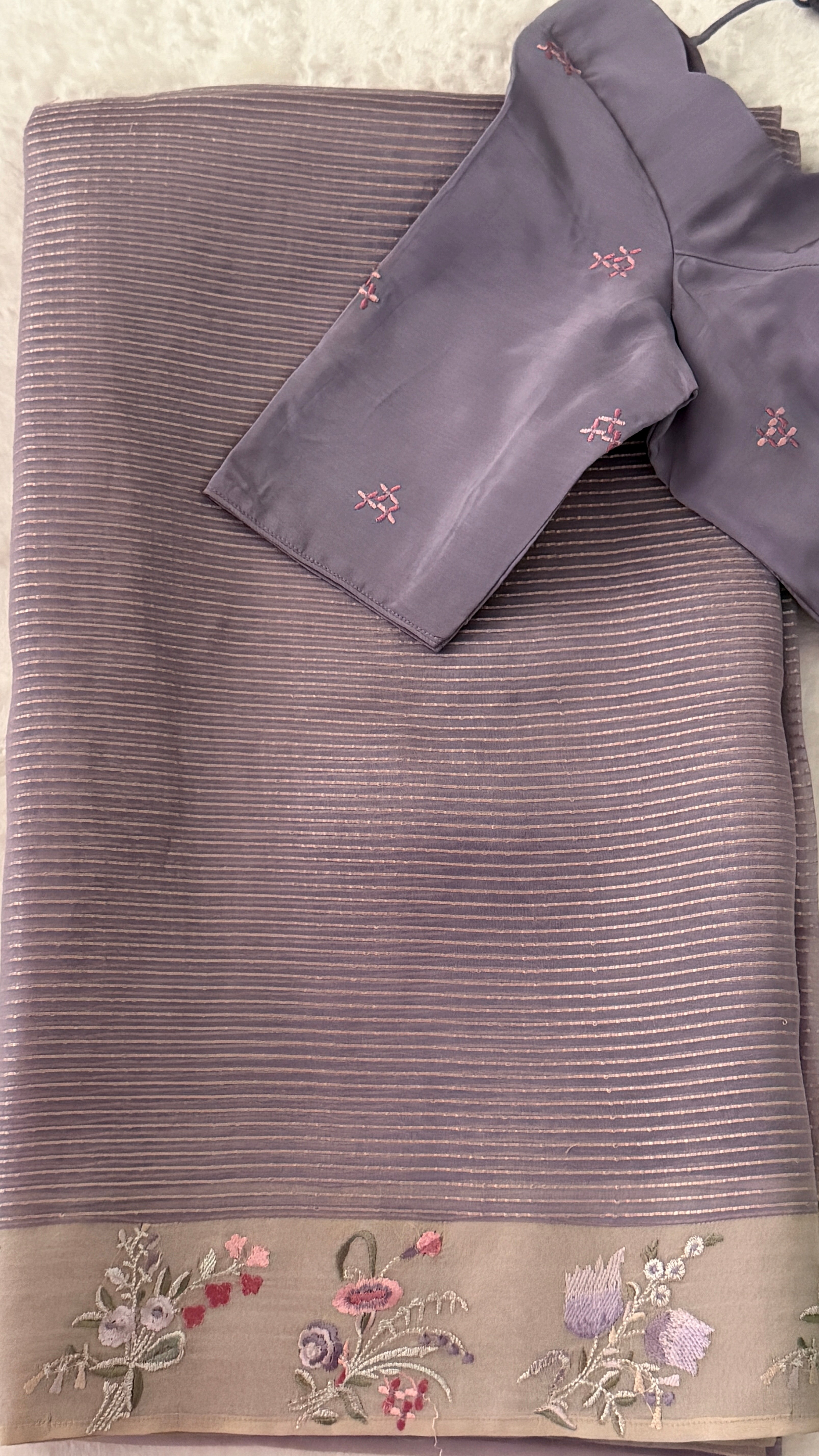 Lavender Stripe Kora Organza Saree