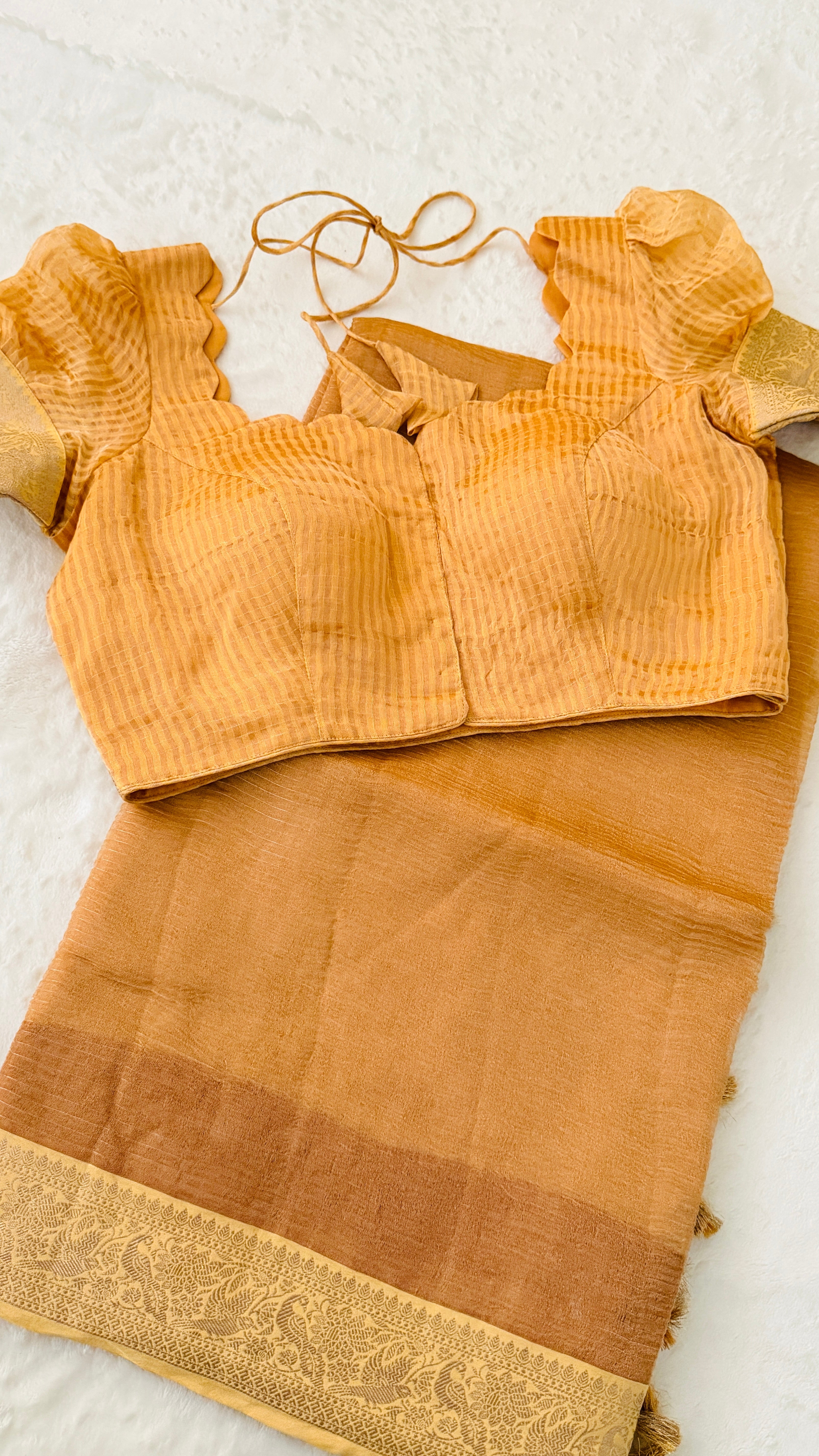 Orange Stripe Kora Tissue Saree