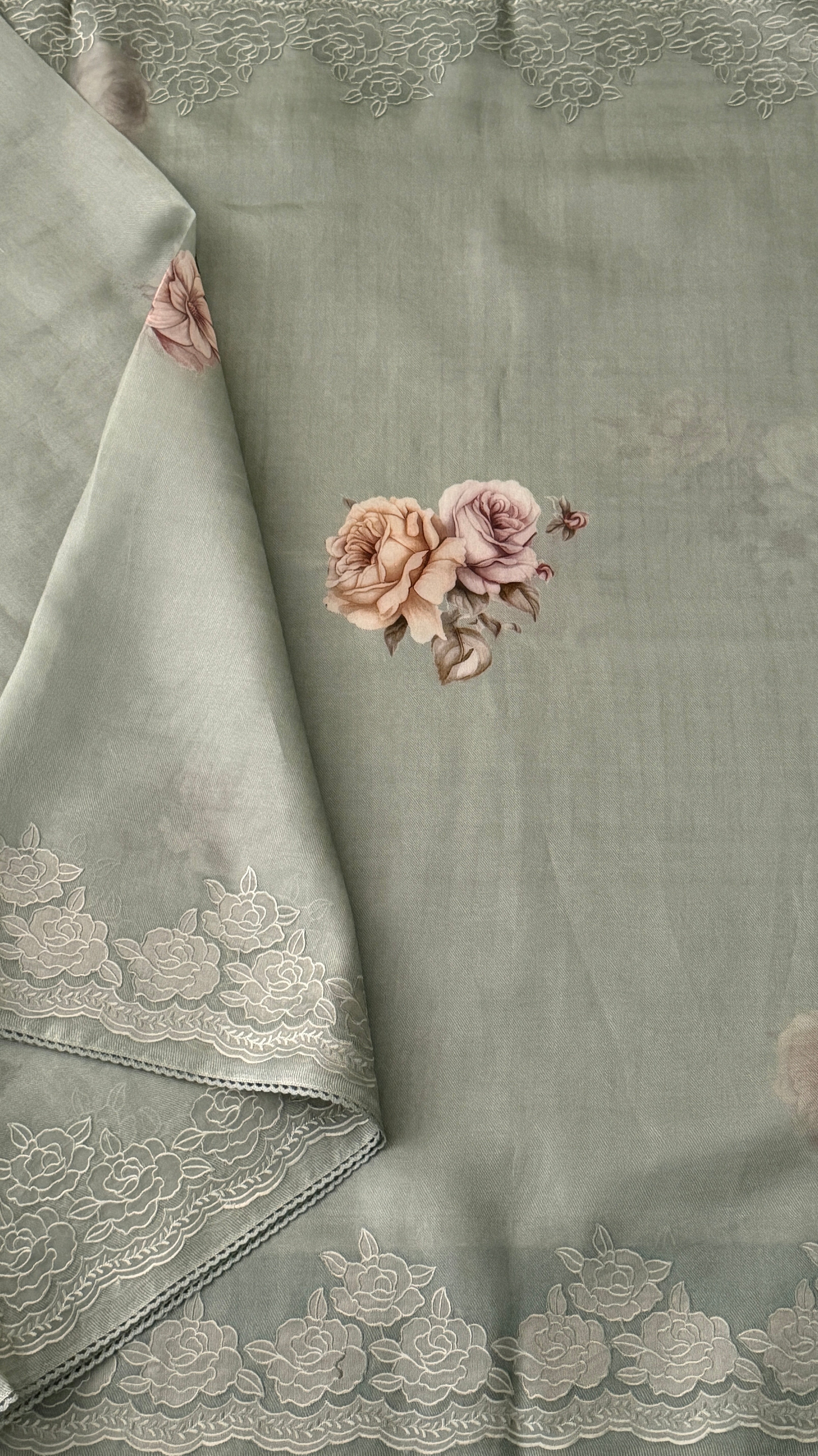 Appliqué Grey Kora Organza Saree
