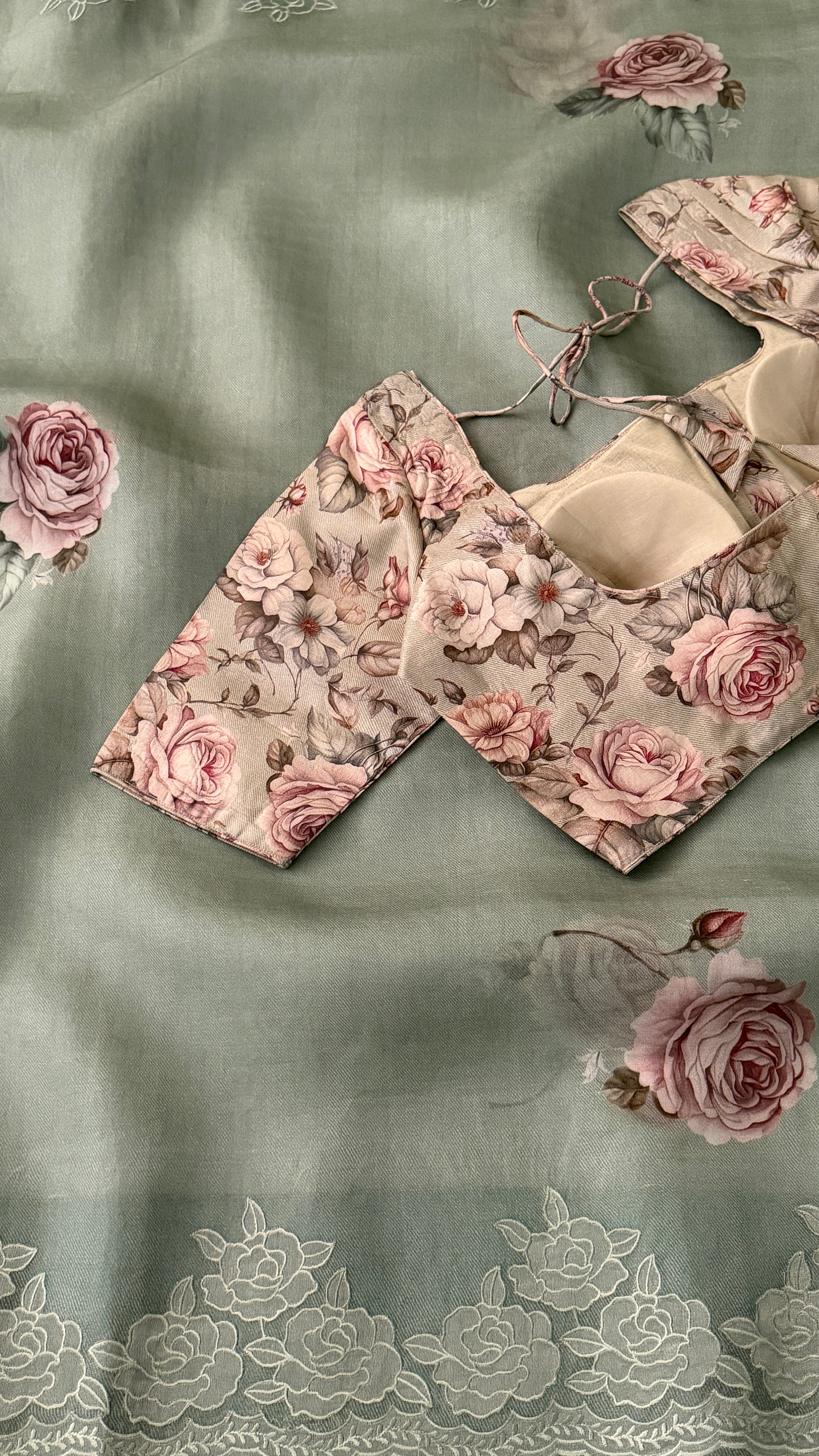 Appliqué Grey Kora Organza Saree