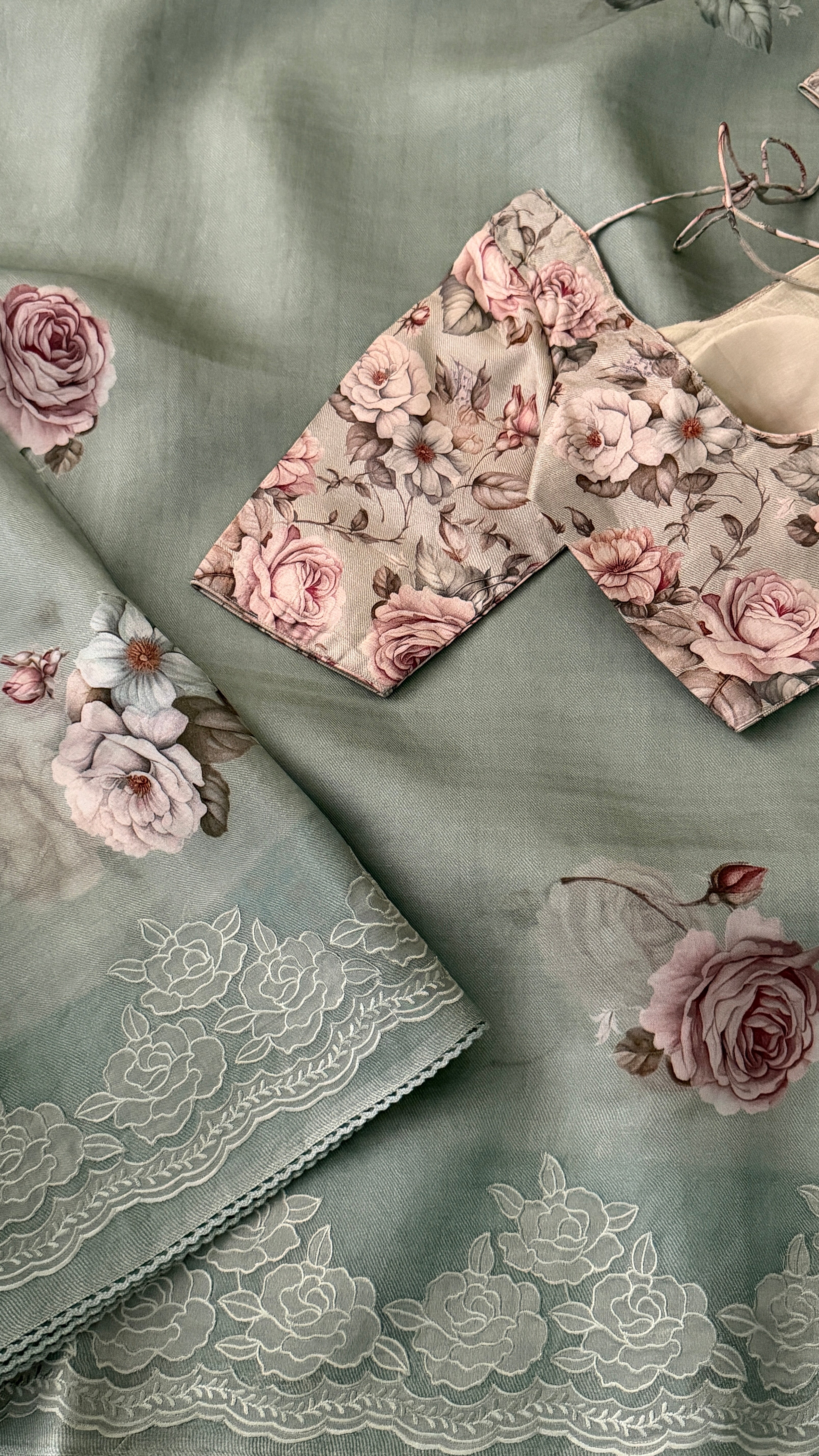 Appliqué Grey Kora Organza Saree