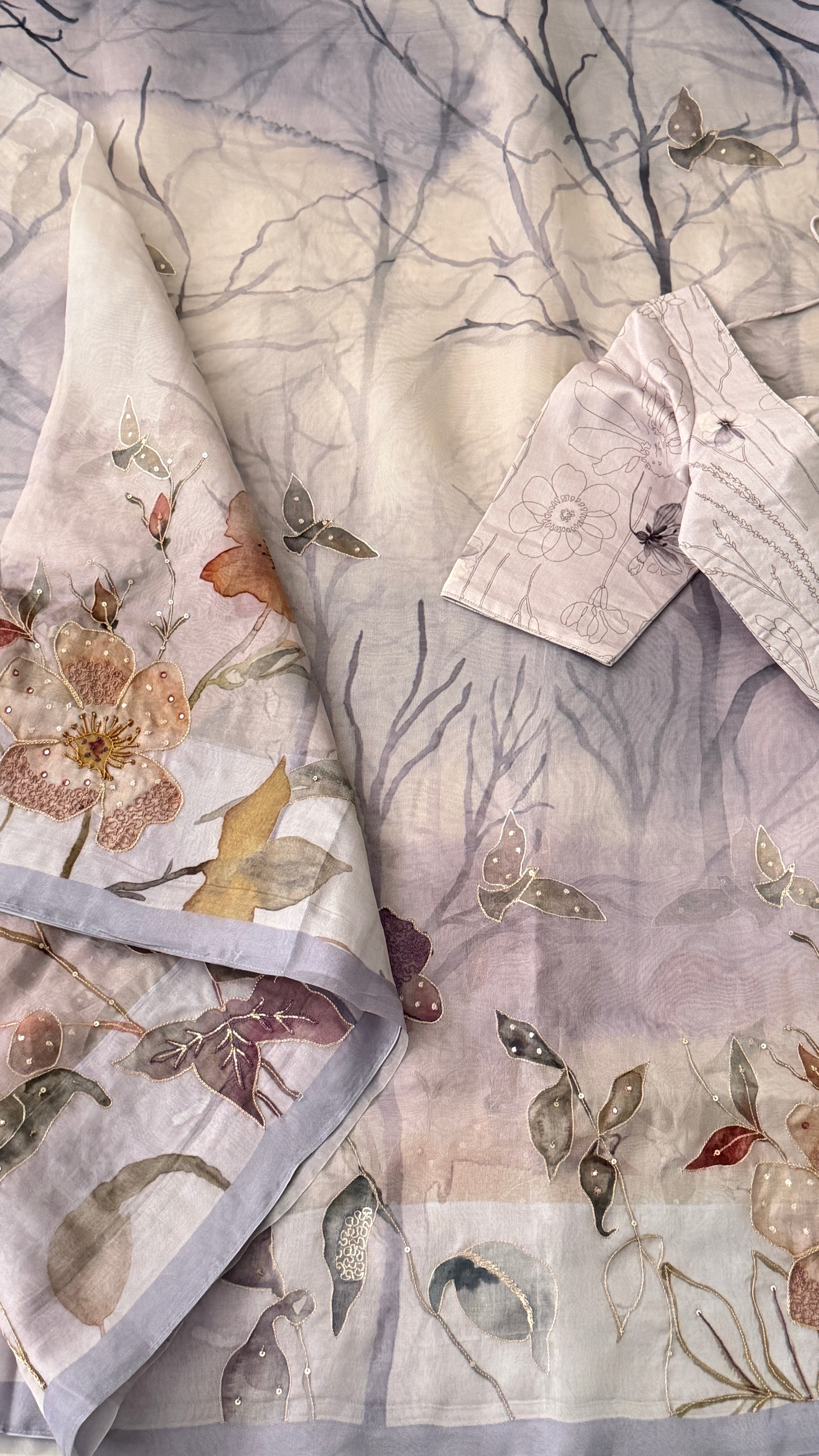 Lavender Floral Kora Organza Saree