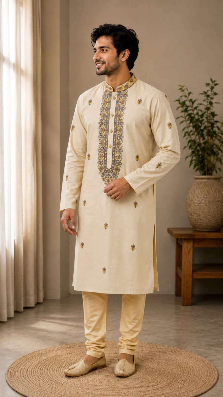 Beige Cotton Silk Kurta Set