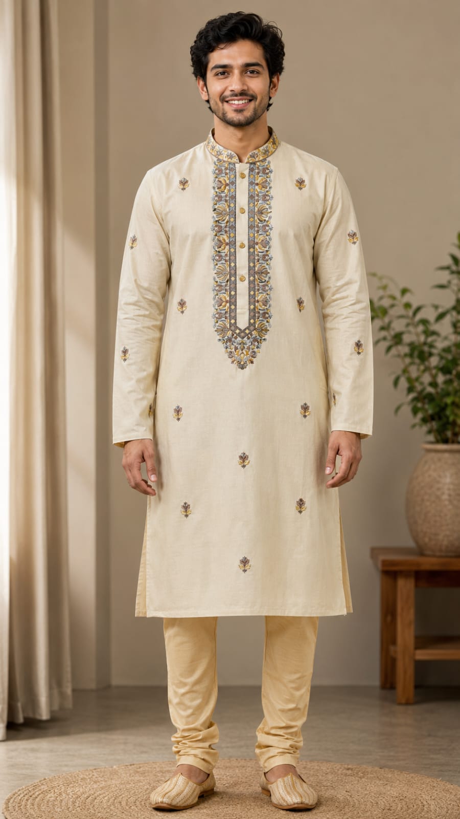 Beige Cotton Silk Kurta Set