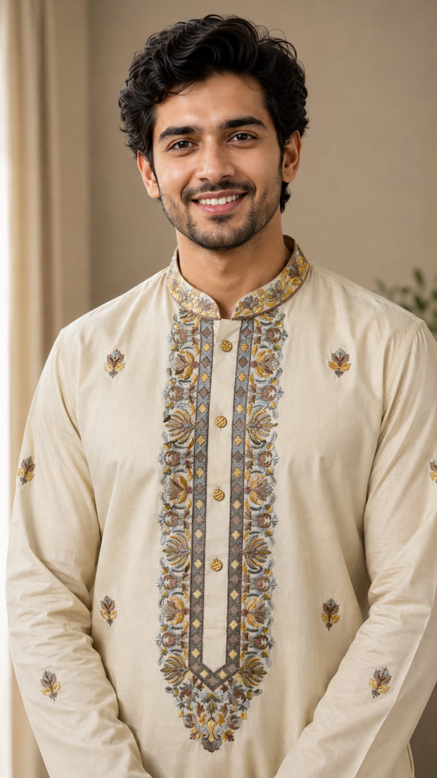 Beige Cotton Silk Kurta Set