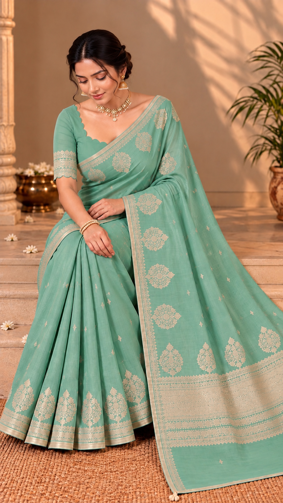 Sea Green Banaras Satin Silk Saree