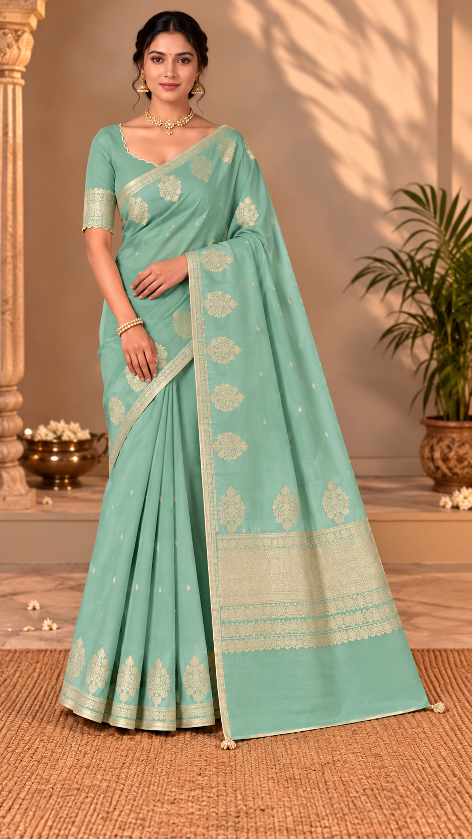 Sea Green Banaras Satin Silk Saree