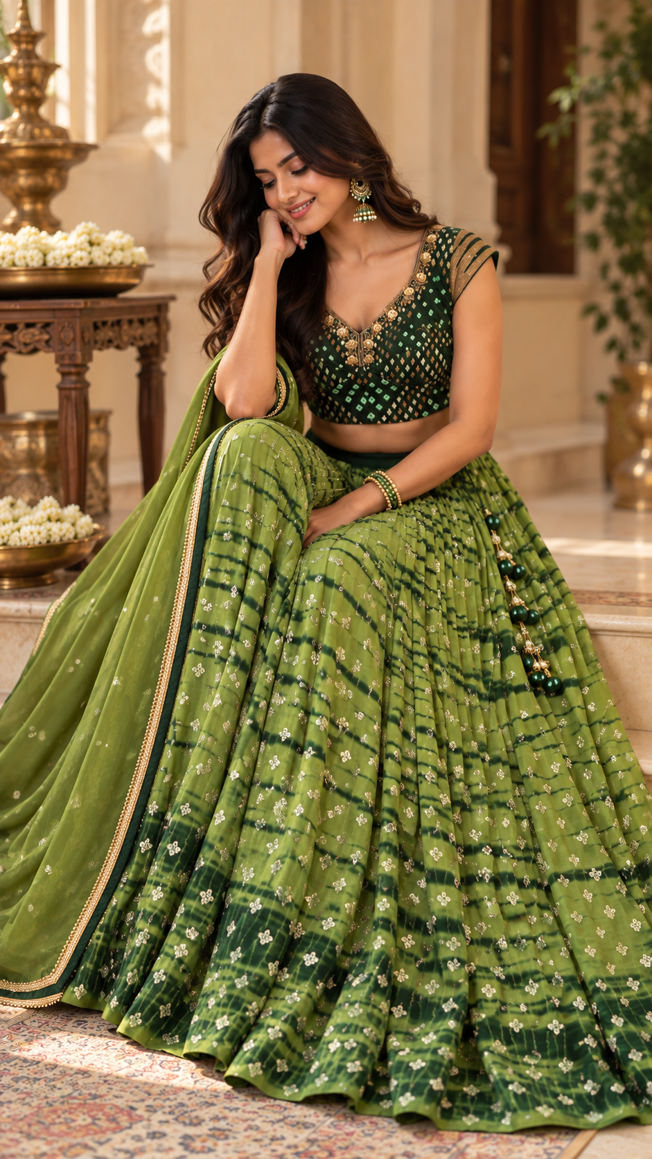 Green Bandini print Croptop Lehenga