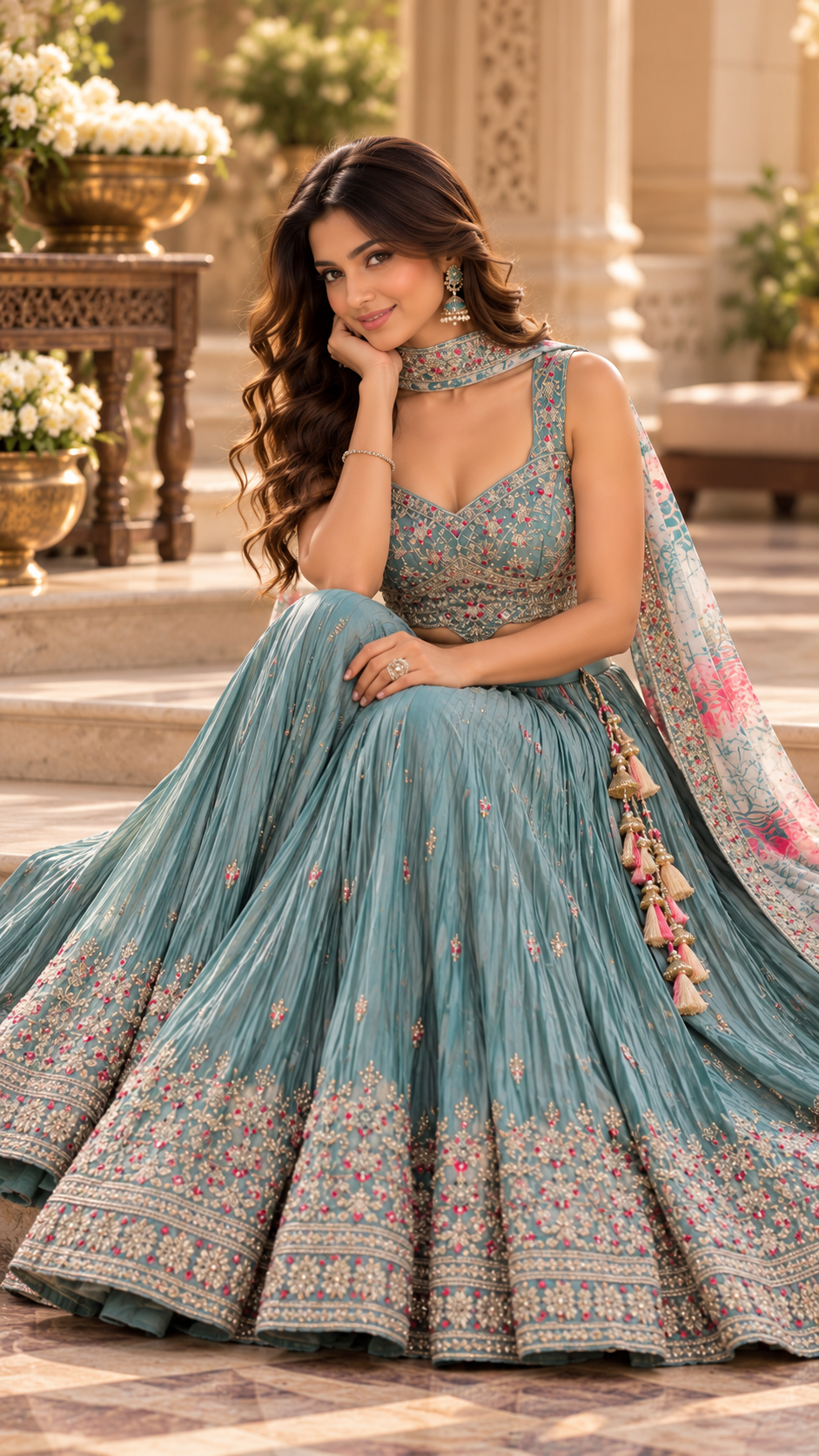 Teal Blue Silk Croptop Lehenga