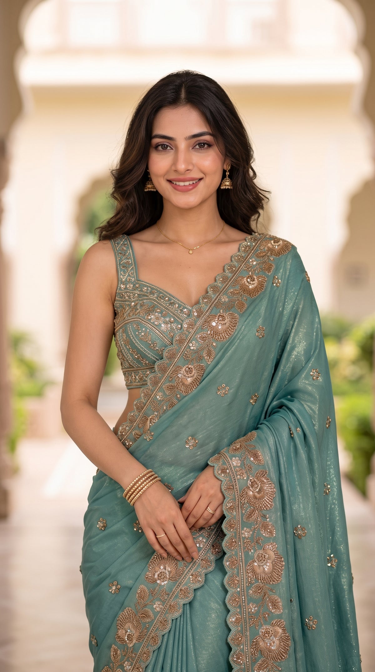 Turquoise Shimmer Crepe Silk Saree
