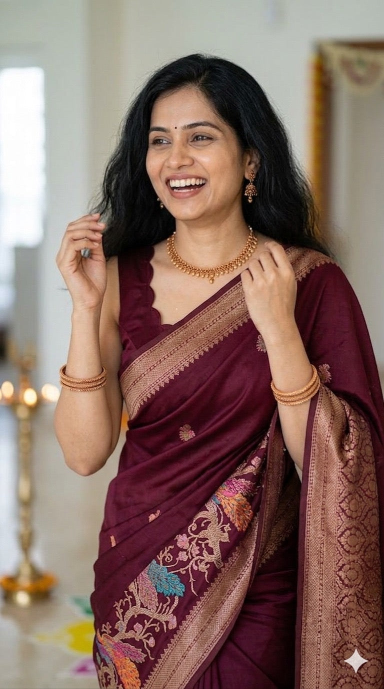 Wine Satin Silk Saree