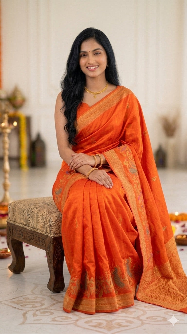 Orange Satin Silk Saree