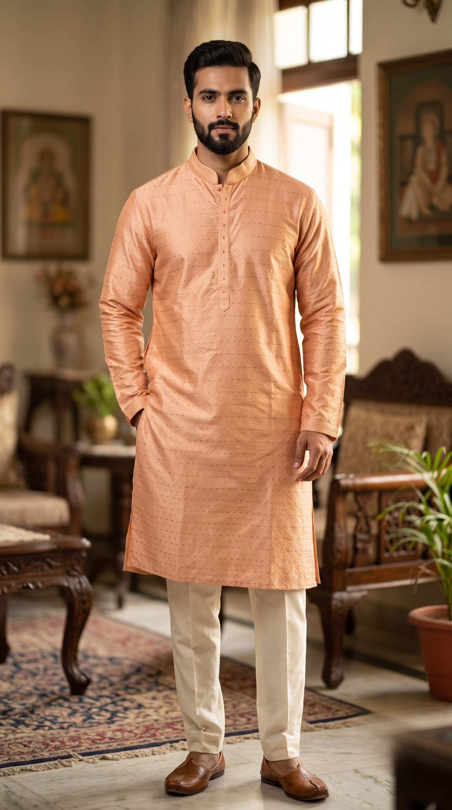 Peach Silk Kurta Set